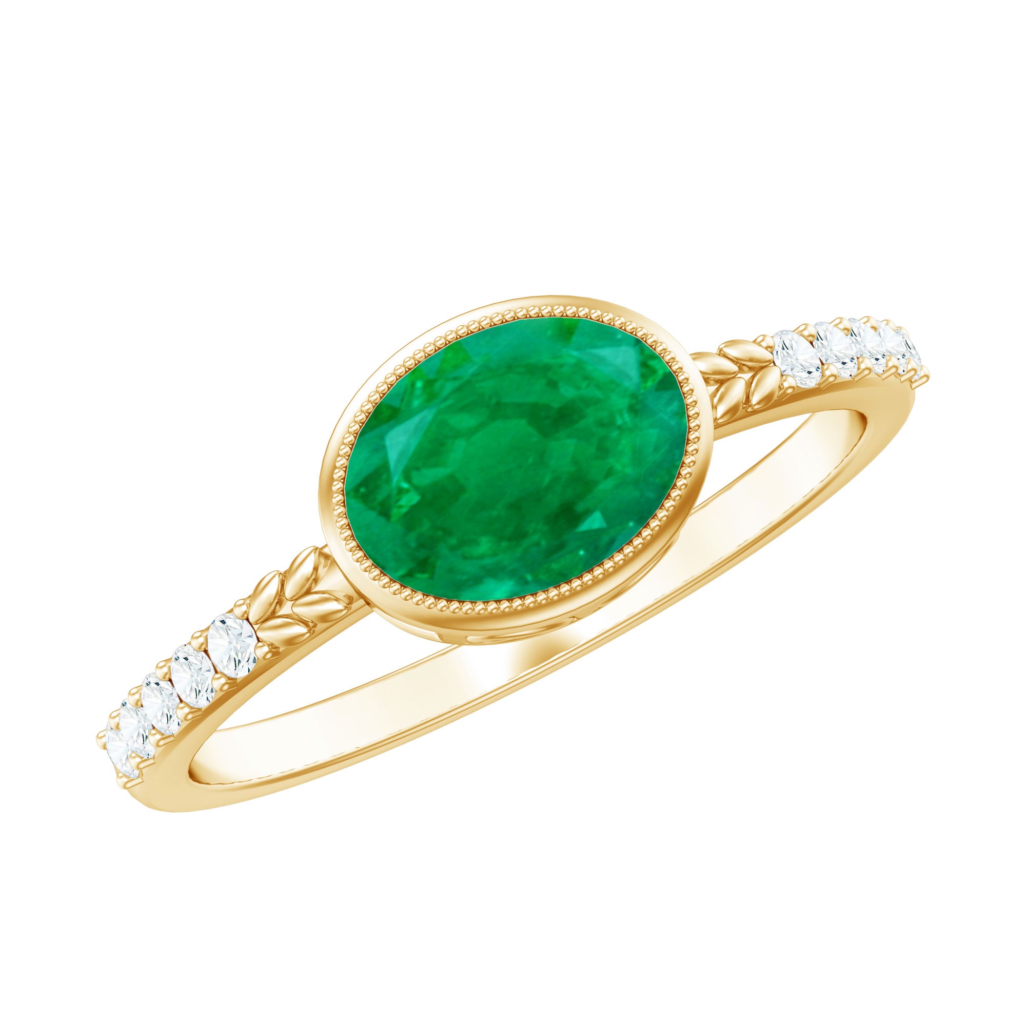 Rosec Jewels-Natural Oval Shape Emerald East West Engagement Ring with Diamond
