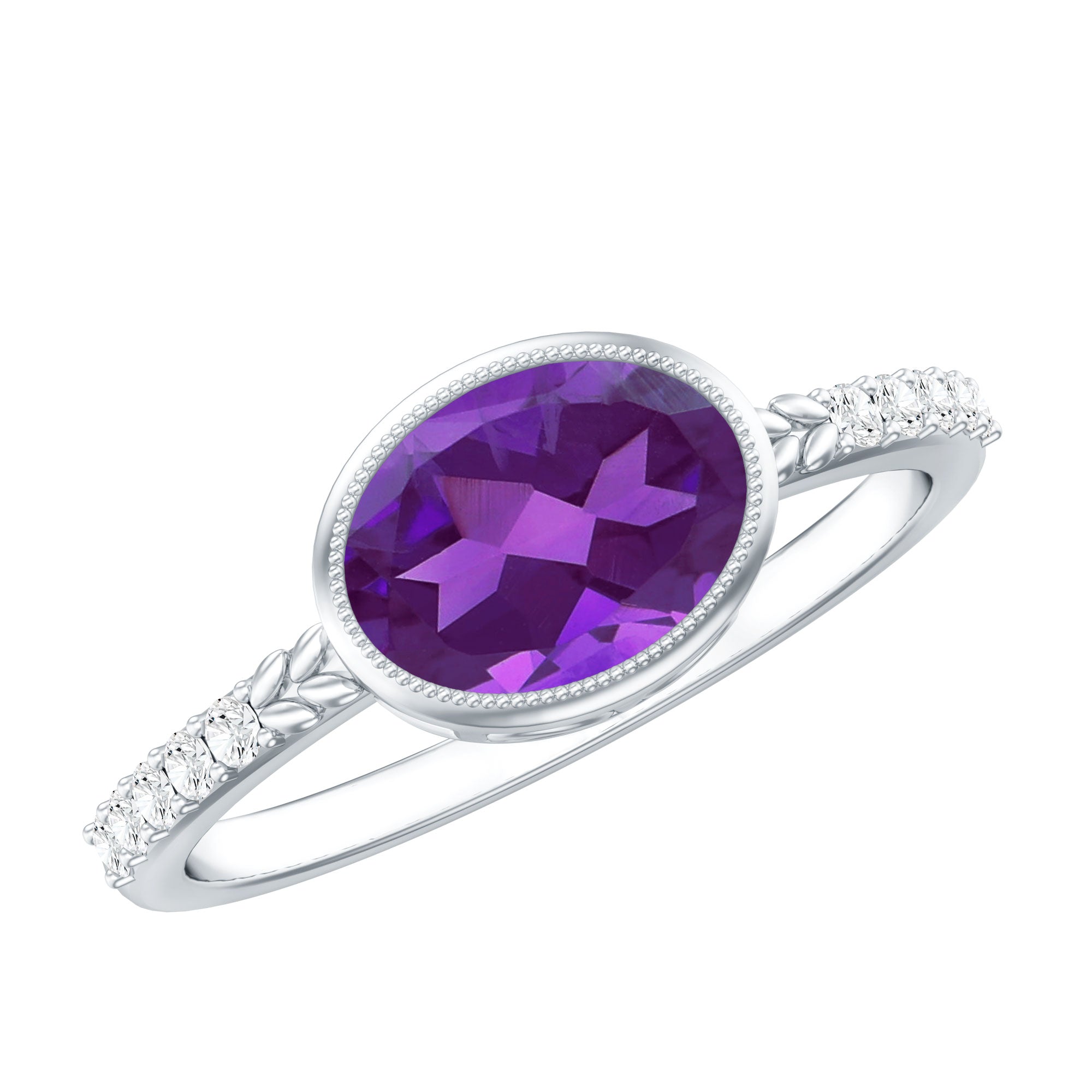 Oval Amethyst Solitaire Engagement Ring with Diamond AAA - Rosec Jewels