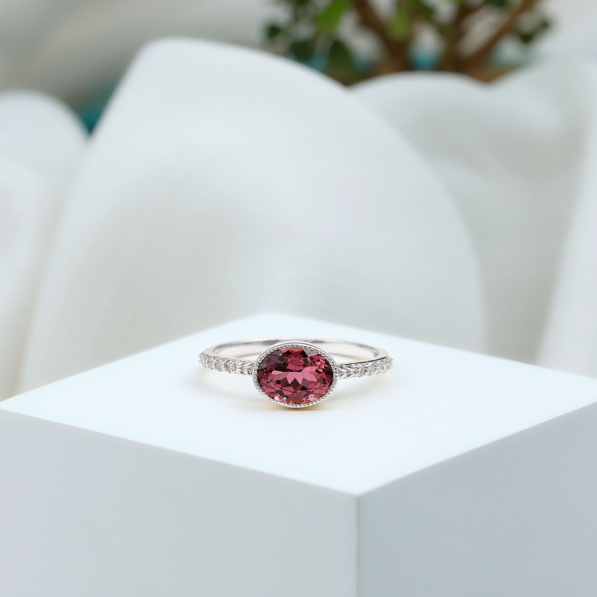 1 Carat Oval Pink Tourmaline East West Engagement Ring with Diamond AAA - Rosec Jewels