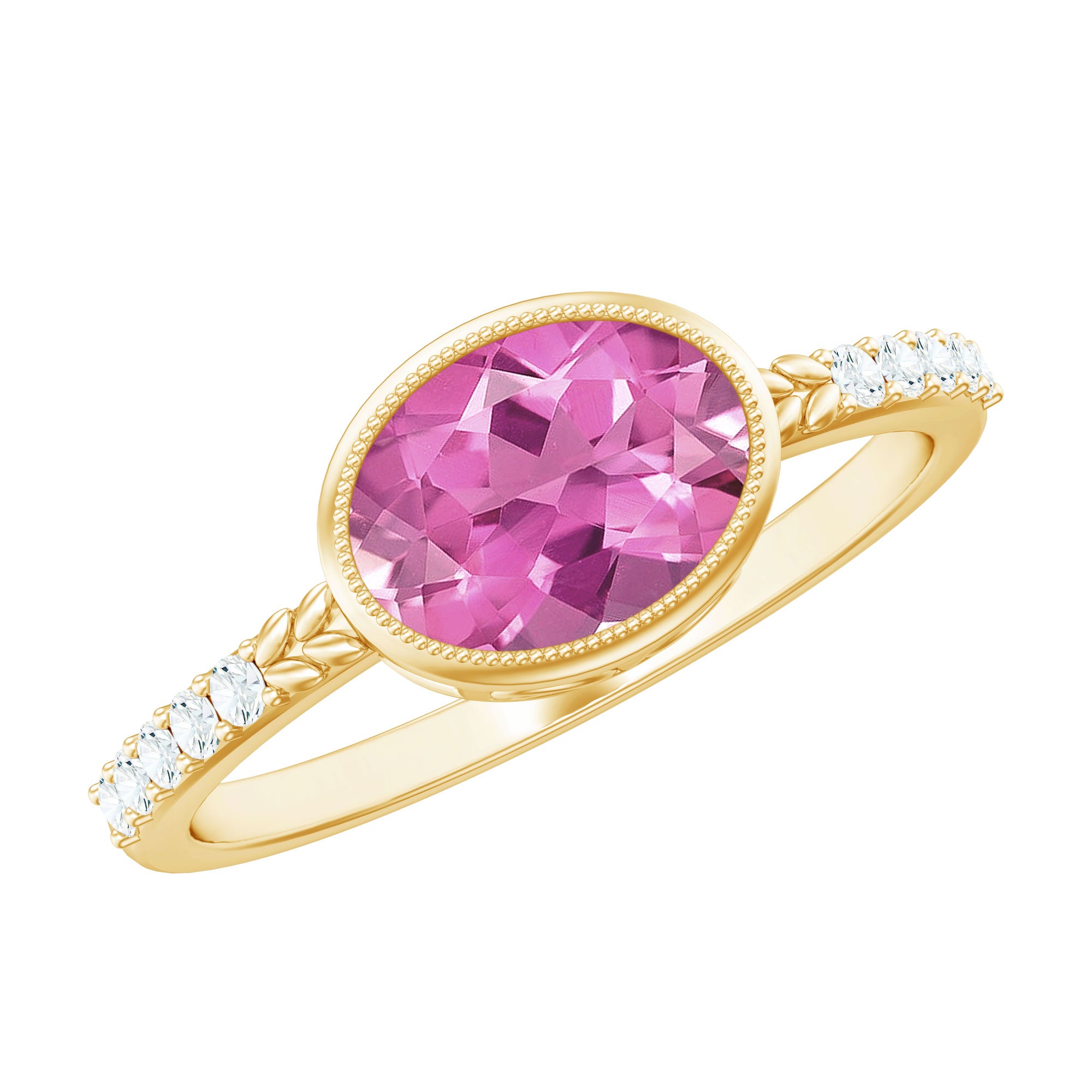 1 Carat Oval Pink Tourmaline East West Engagement Ring with Diamond AAA - Rosec Jewels