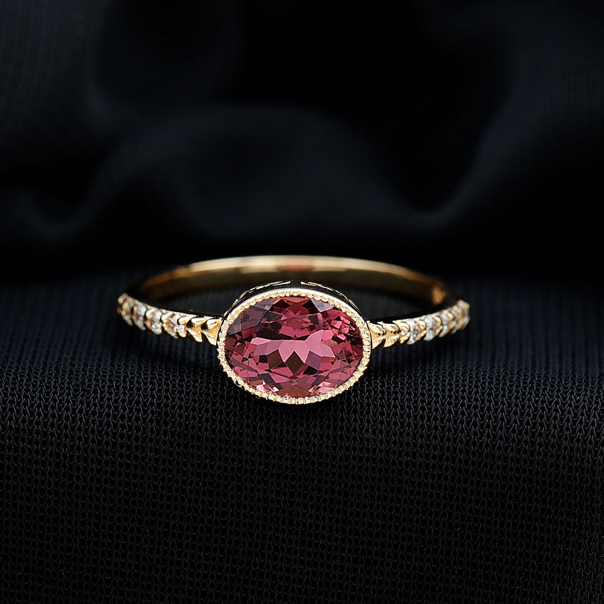 1 Carat Oval Pink Tourmaline East West Engagement Ring with Diamond AAA - Rosec Jewels