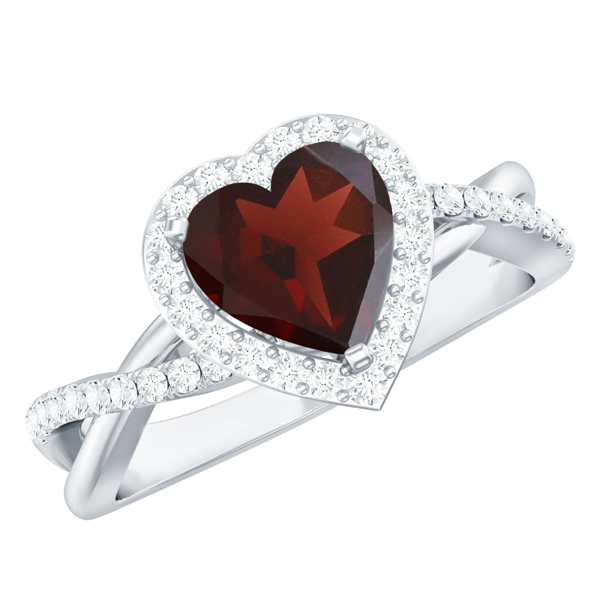 Heart Shape Garnet Crossover Engagement Ring with Diamond