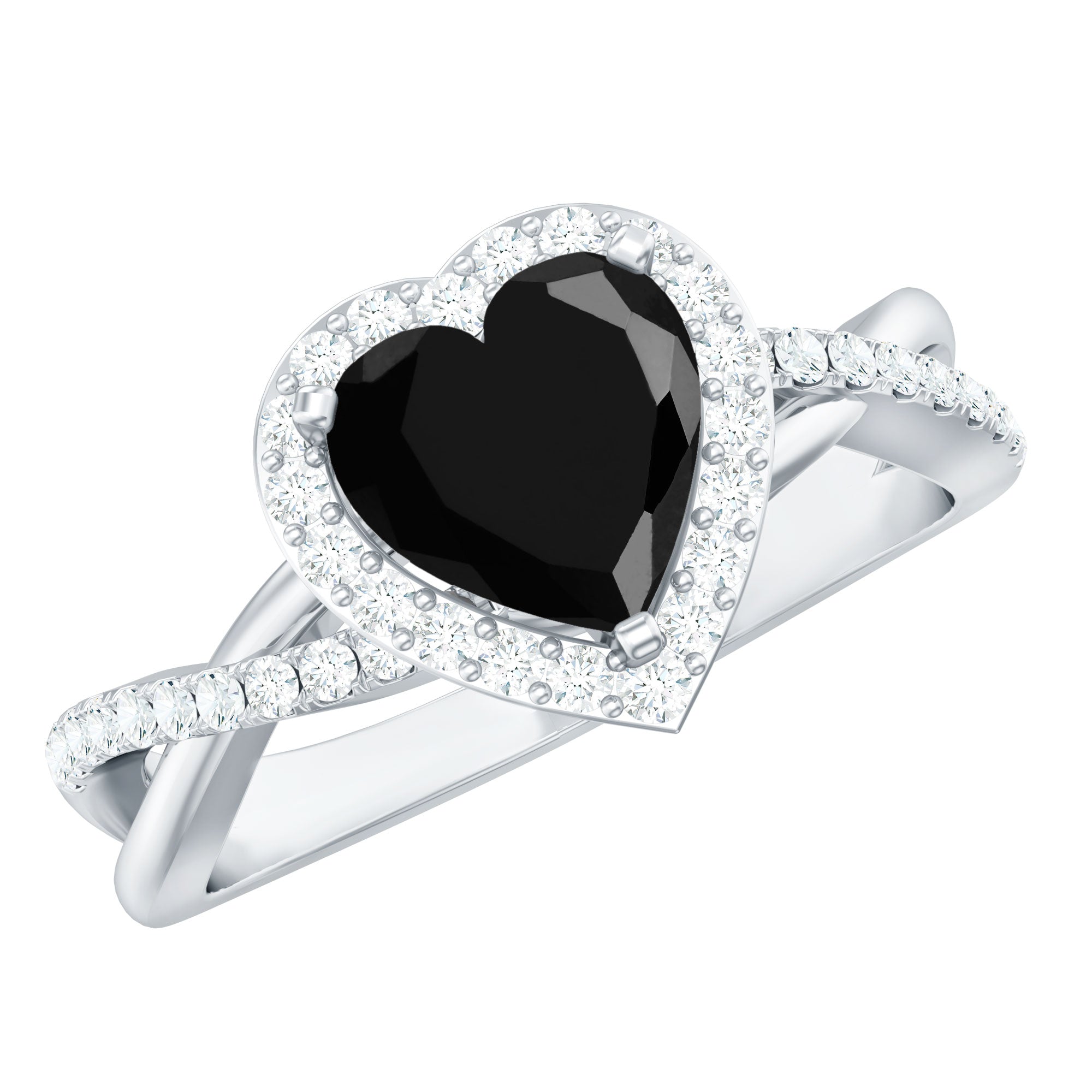 Heart Shape Created Black Diamond Crossover Engagement Ring with Diamond