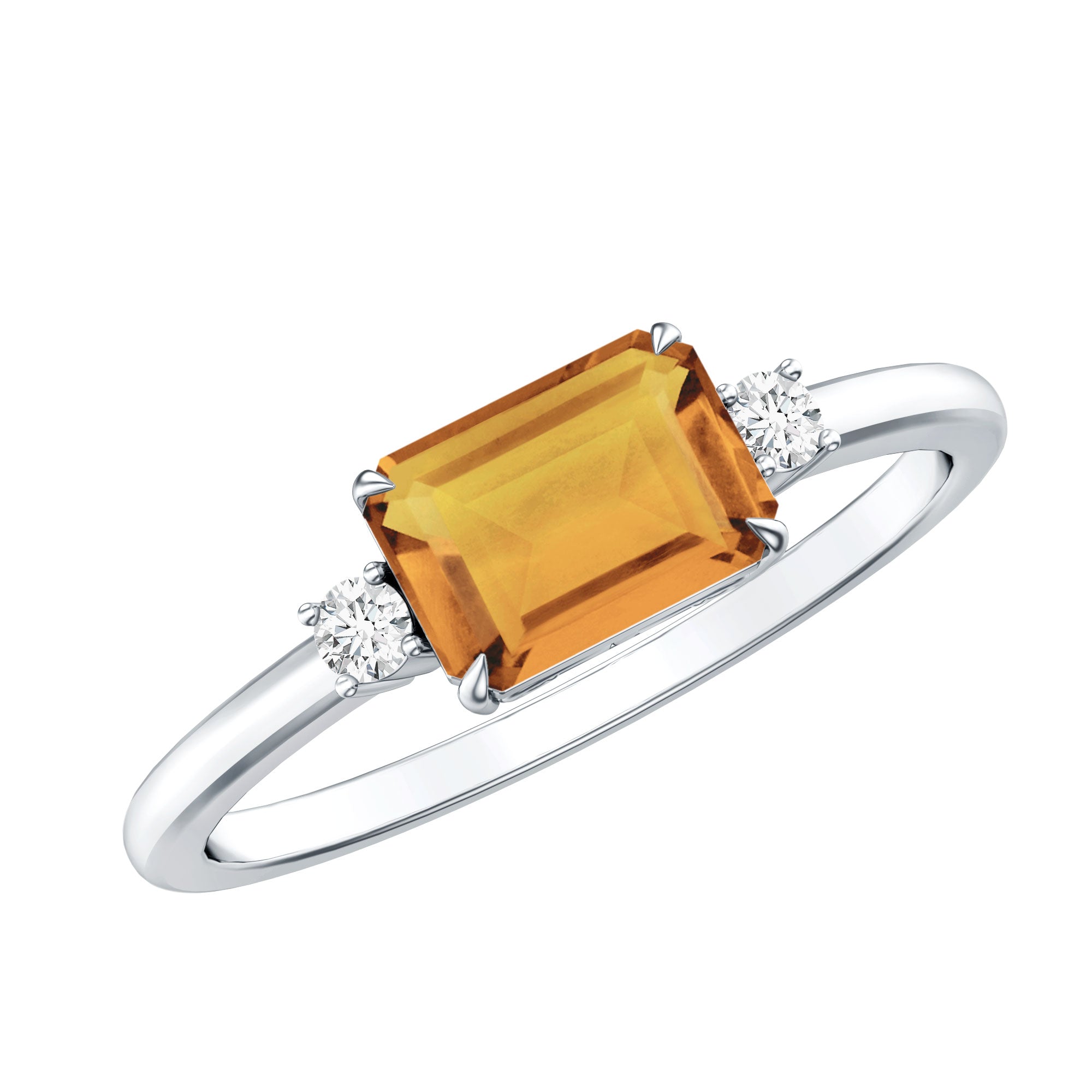 Natural Emerald Cut Citrine East West Engagement Ring with Diamond AAA - Rosec Jewels