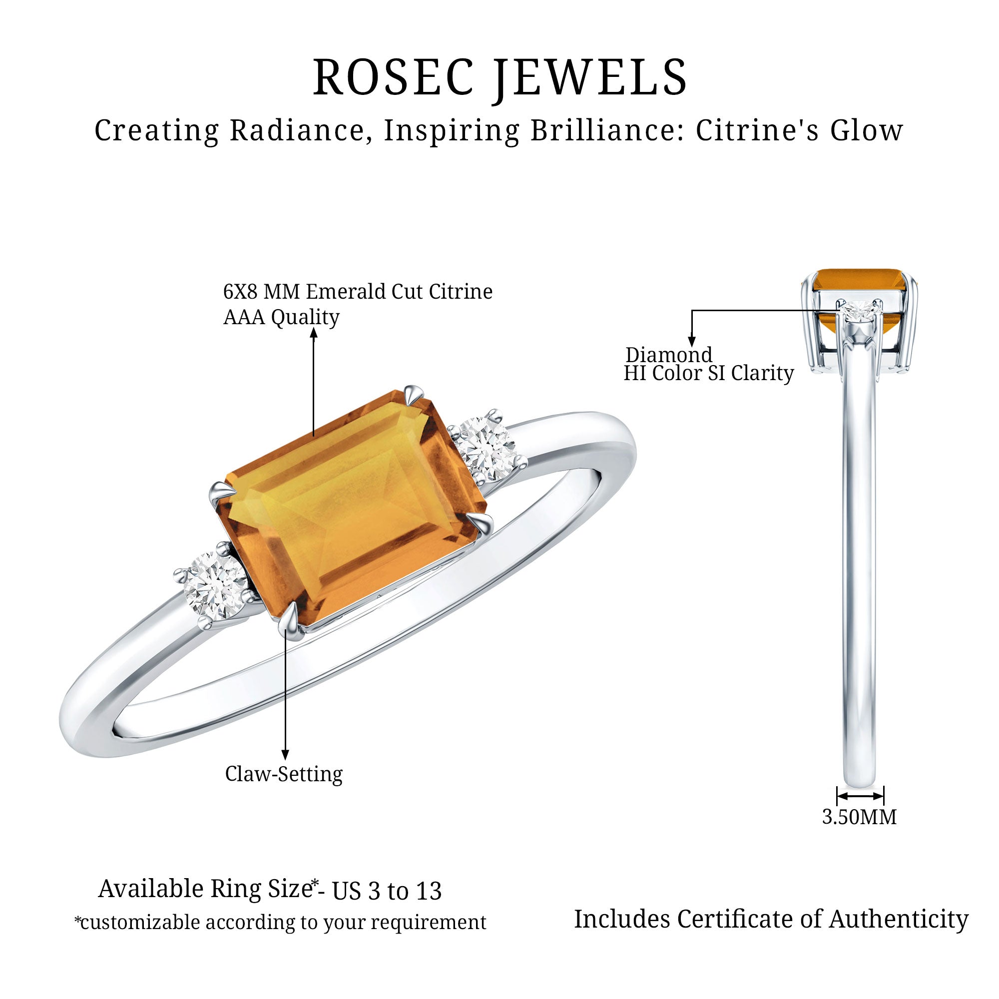 Natural Emerald Cut Citrine East West Engagement Ring with Diamond AAA - Rosec Jewels