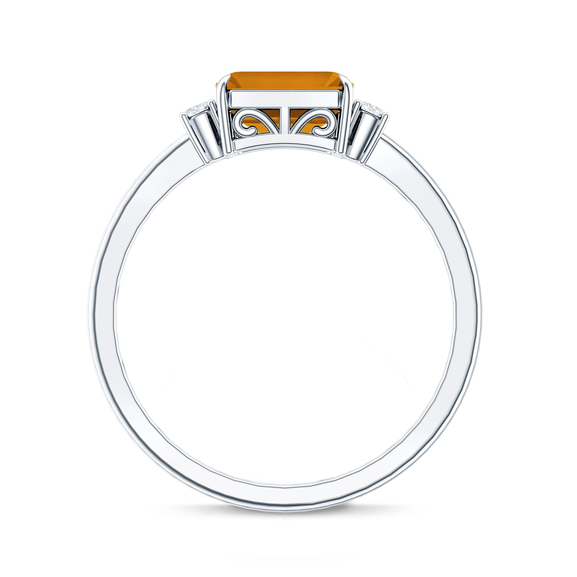 Natural Emerald Cut Citrine East West Engagement Ring with Diamond AAA - Rosec Jewels
