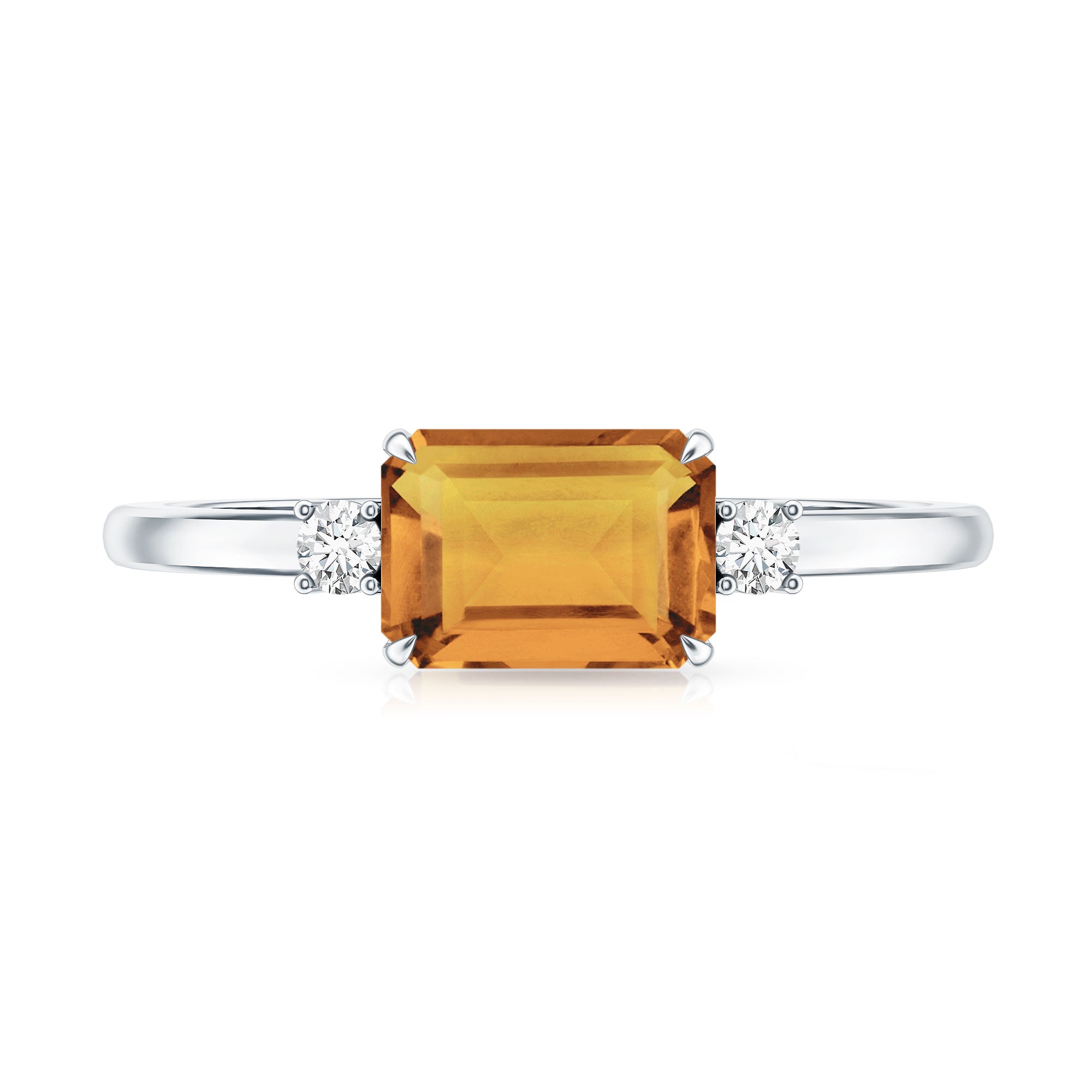 Natural Emerald Cut Citrine East West Engagement Ring with Diamond AAA - Rosec Jewels