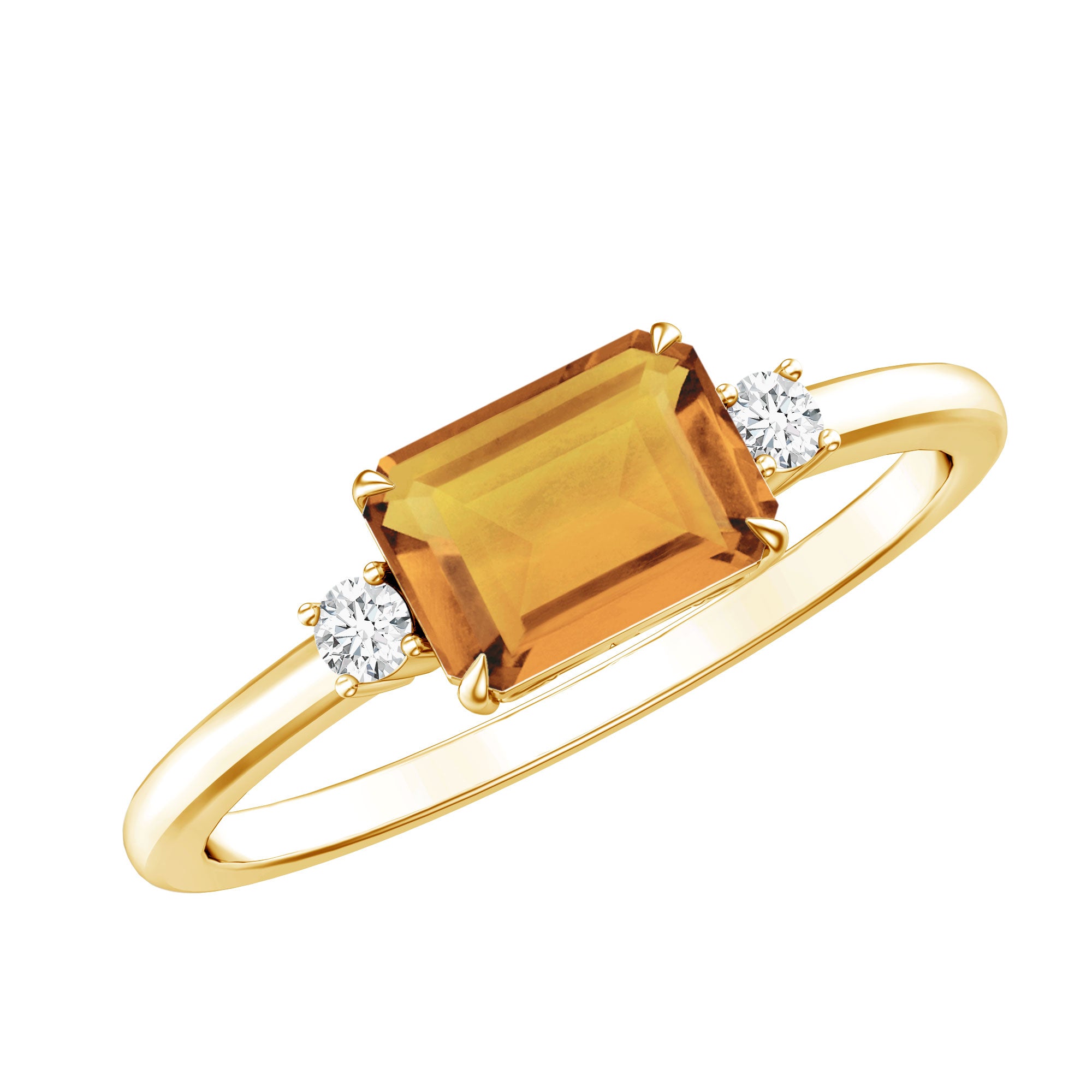 Natural Emerald Cut Citrine East West Engagement Ring with Diamond AAA - Rosec Jewels