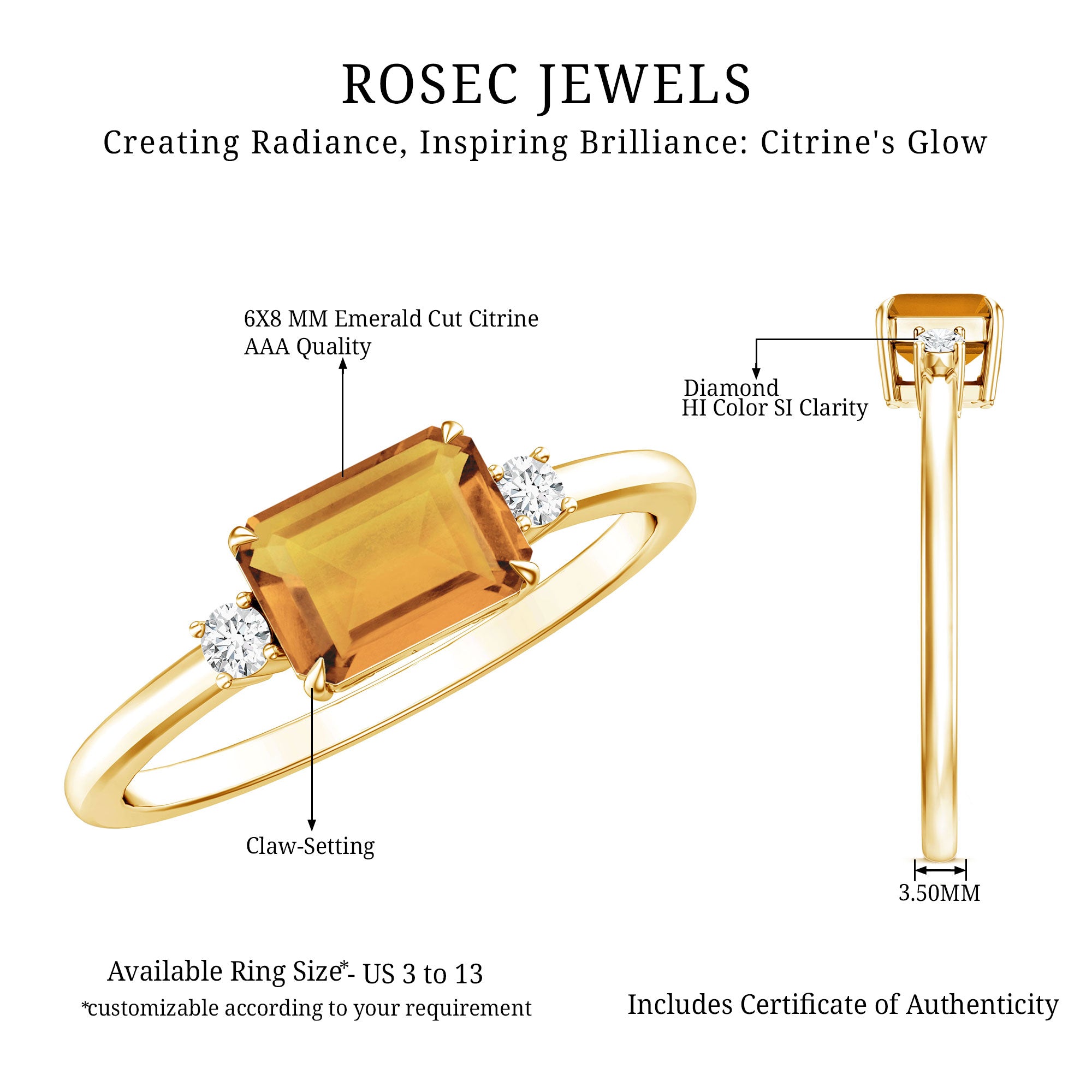Natural Emerald Cut Citrine East West Engagement Ring with Diamond AAA - Rosec Jewels