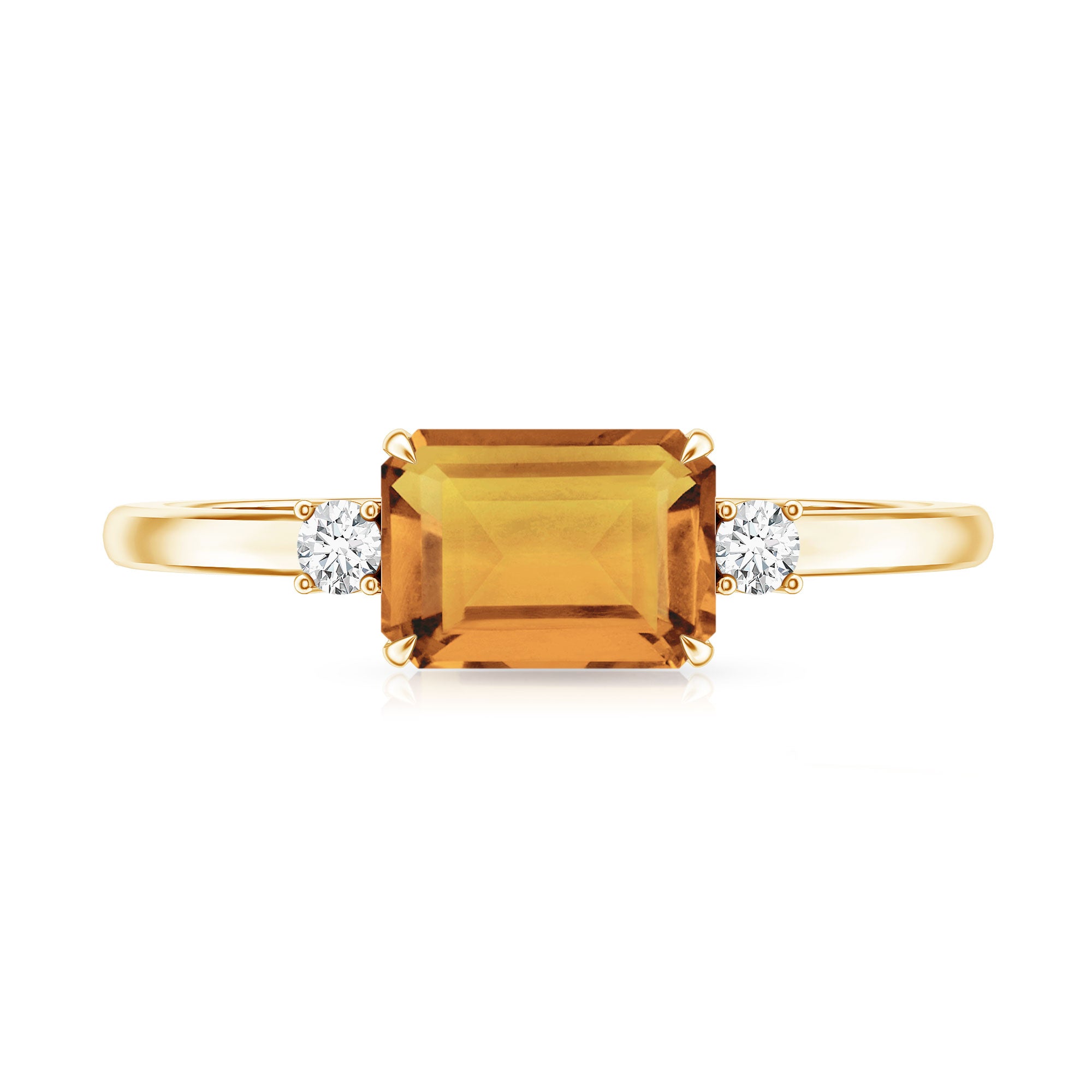 Natural Emerald Cut Citrine East West Engagement Ring with Diamond AAA - Rosec Jewels