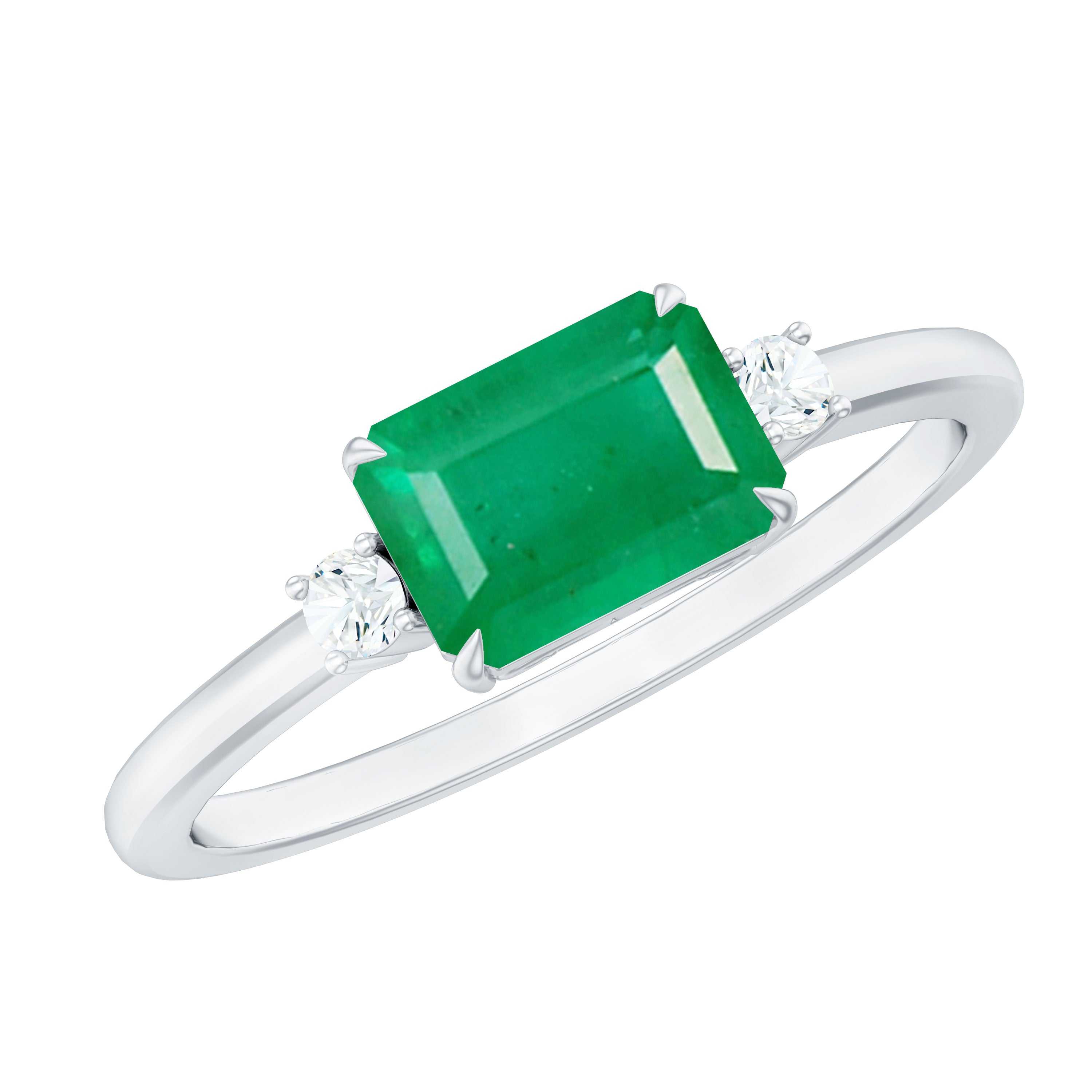 Real Emerald Cut Emerald East West Engagement Ring with Diamond