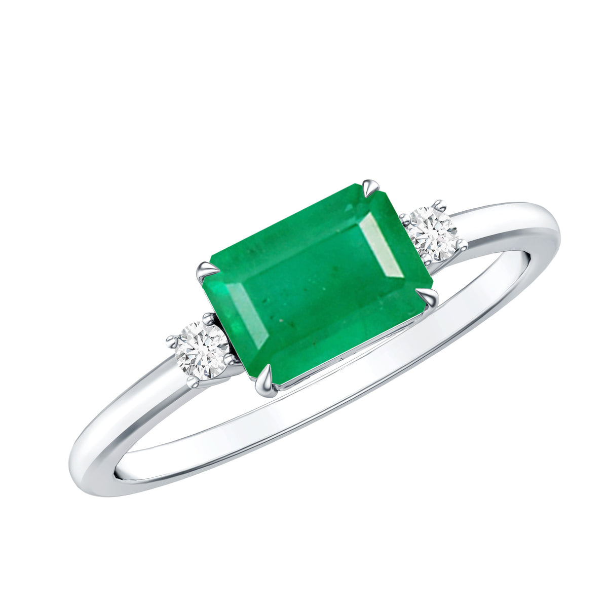 Real Emerald Cut Emerald East West Engagement Ring with Diamond AAA - Rosec Jewels