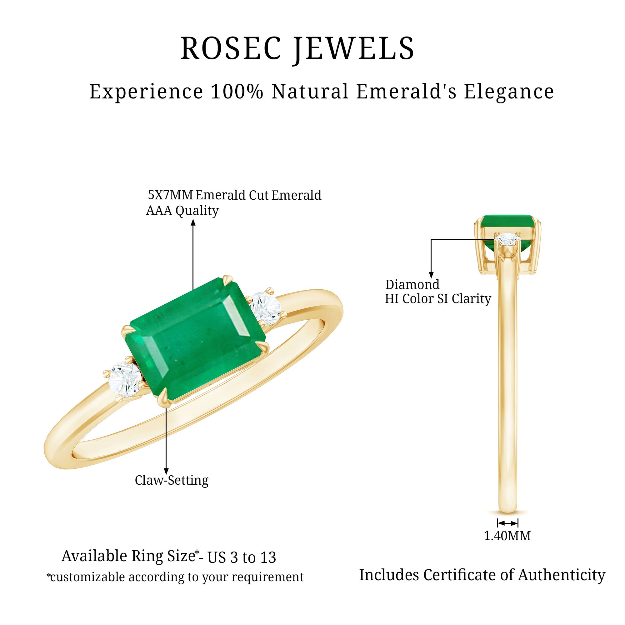 Rosec Jewels-Real Emerald Cut Emerald East West Engagement Ring with Diamond