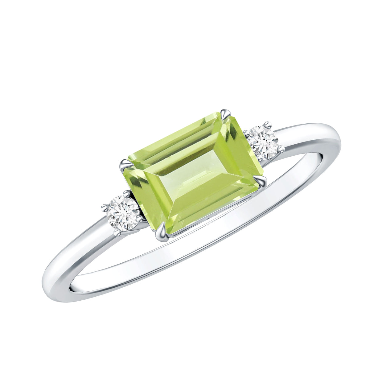 Real 1.8 Carat Peridot Emerald Cut Engagement Ring with Diamond in East West Style AAA - Rosec Jewels