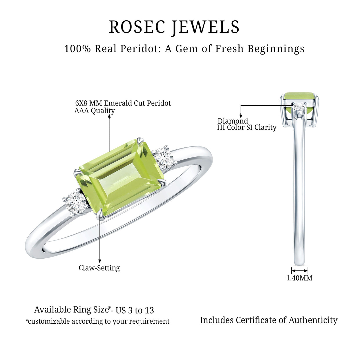 Real 1.8 Carat Peridot Emerald Cut Engagement Ring with Diamond in East West Style AAA - Rosec Jewels