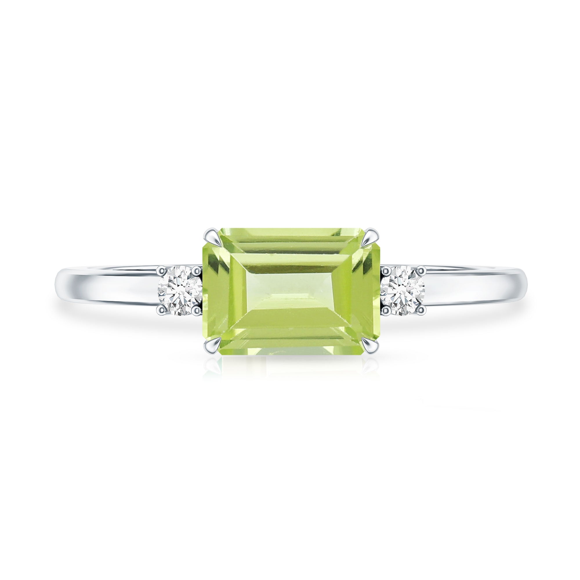 Real 1.8 Carat Peridot Emerald Cut Engagement Ring with Diamond in East West Style AAA - Rosec Jewels