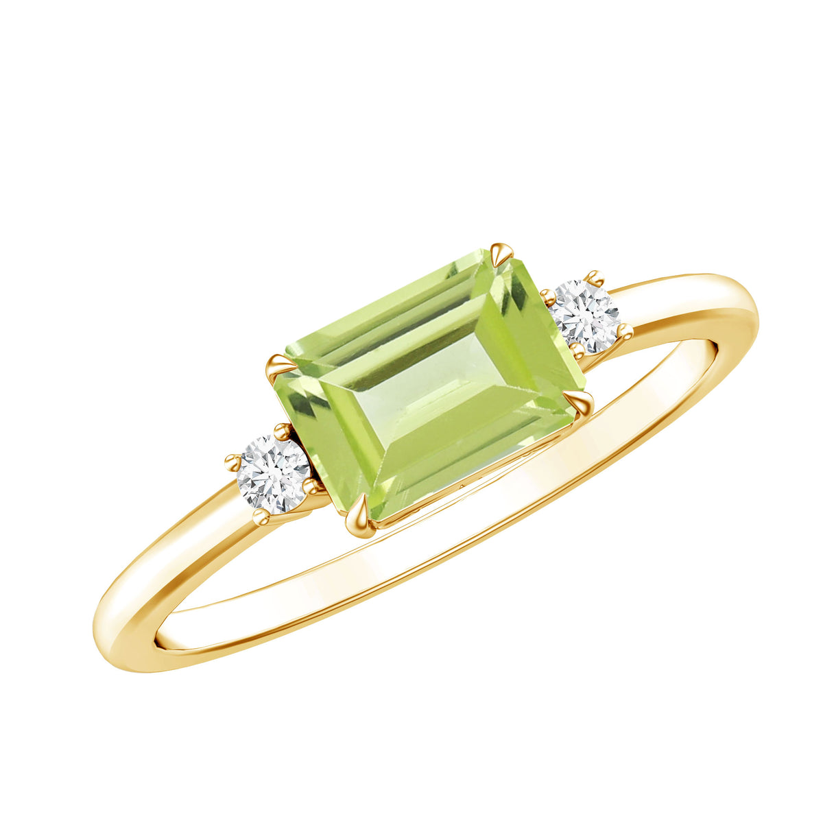 Real 1.8 Carat Peridot Emerald Cut Engagement Ring with Diamond in East West Style AAA - Rosec Jewels