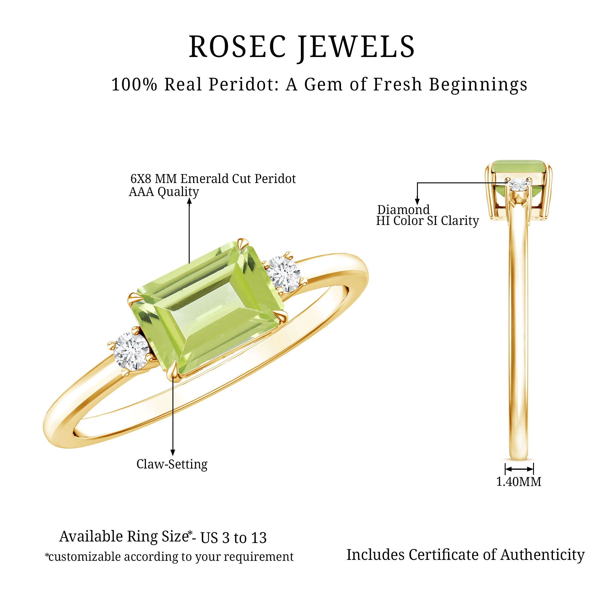 Real 1.8 Carat Peridot Emerald Cut Engagement Ring with Diamond in East West Style AAA - Rosec Jewels