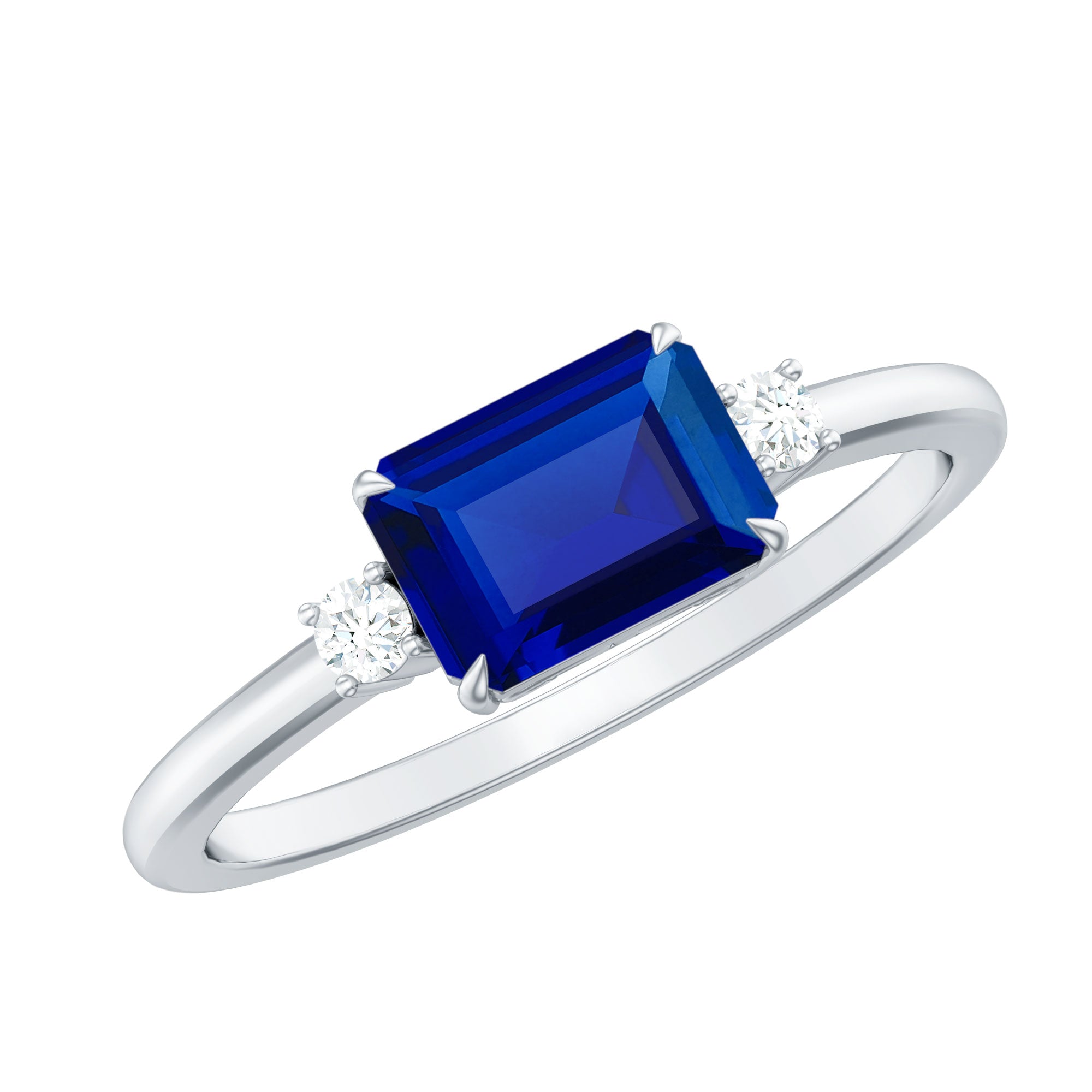 Octagon Cut Created Blue Sapphire East West Engagement Ring with Diamond