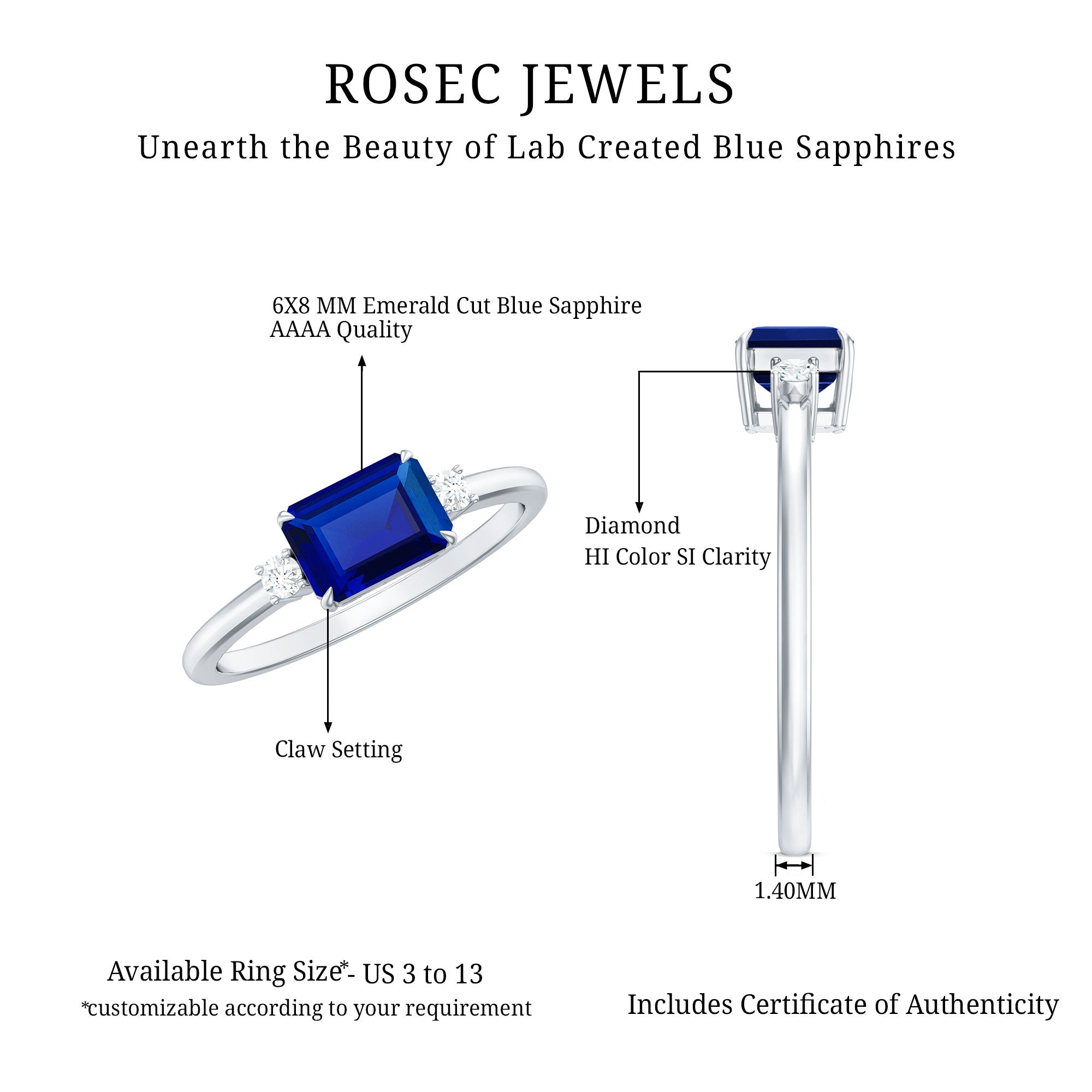 Octagon Cut Created Blue Sapphire East West Engagement Ring with Diamond AAAA - Rosec Jewels