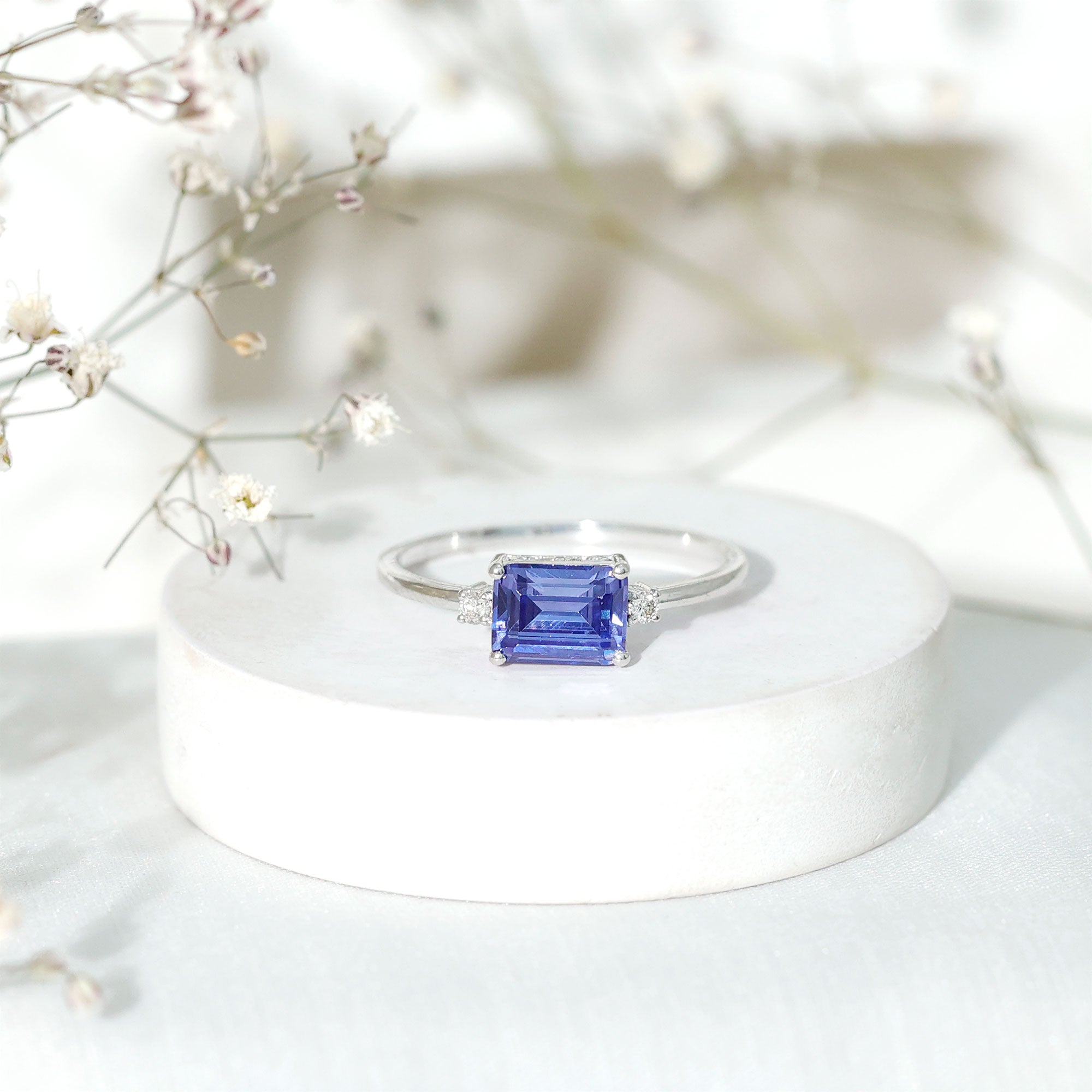 Octagon Cut Created Blue Sapphire East West Engagement Ring with Diamond AAAA - Rosec Jewels