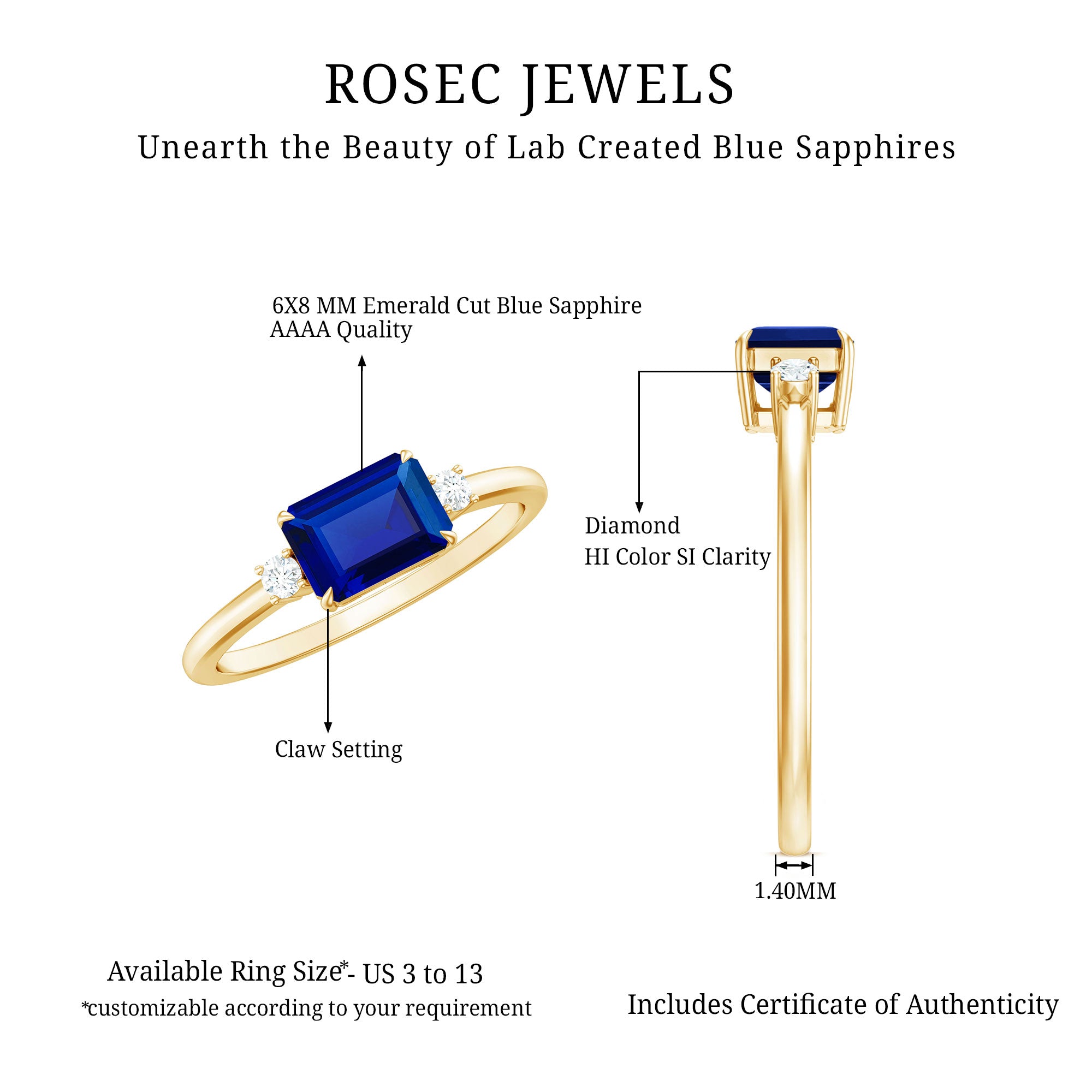 Octagon Cut Created Blue Sapphire East West Engagement Ring with Diamond AAAA - Rosec Jewels