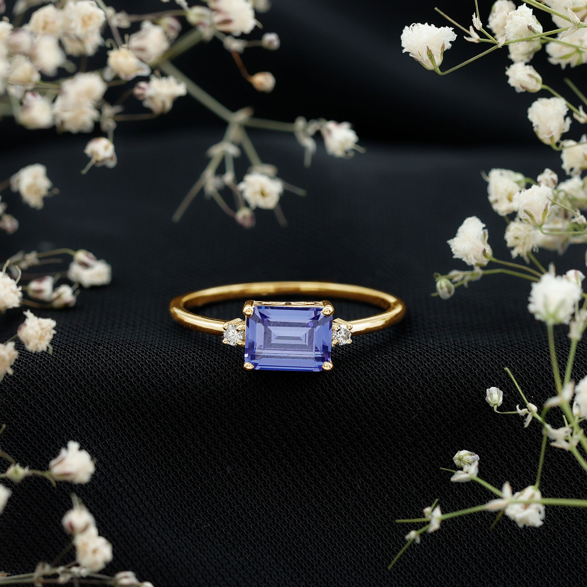 Octagon Cut Created Blue Sapphire East West Engagement Ring with Diamond AAAA - Rosec Jewels