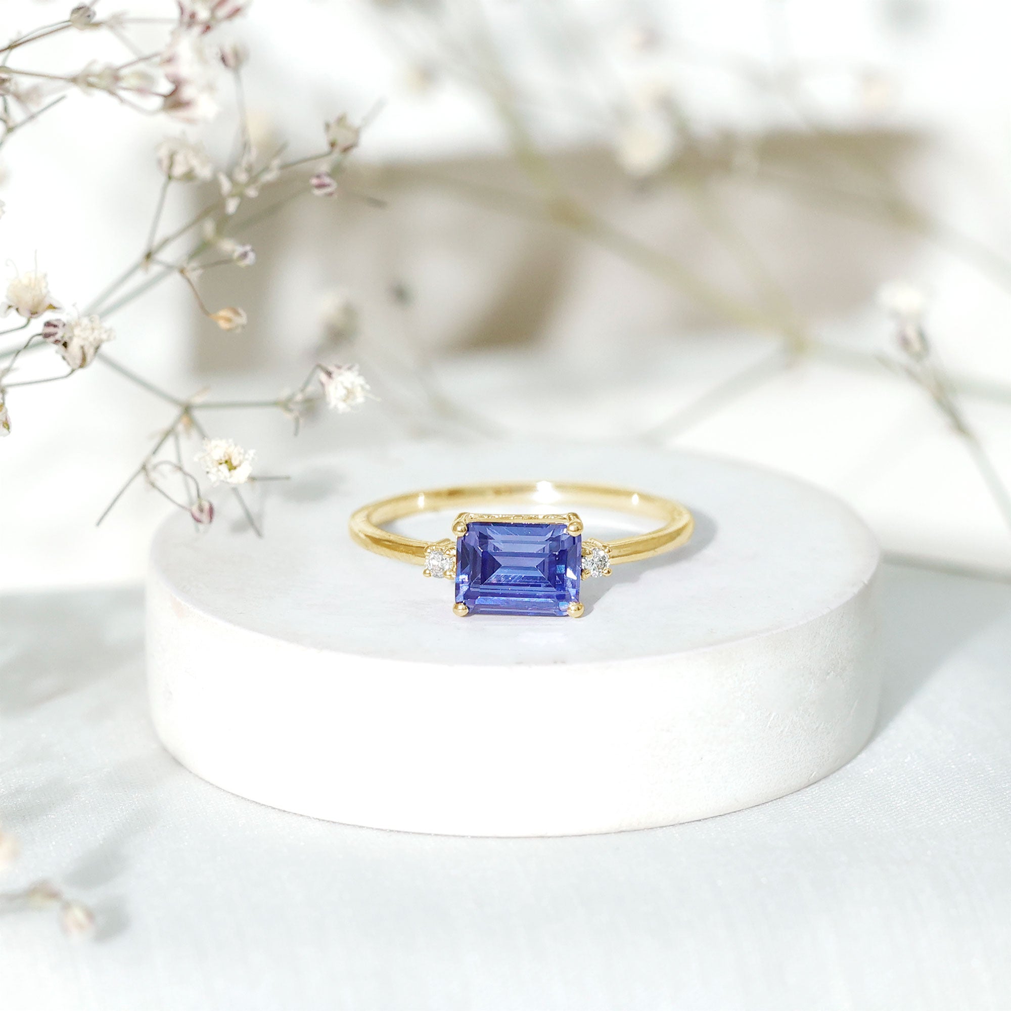Octagon Cut Created Blue Sapphire East West Engagement Ring with Diamond AAAA - Rosec Jewels