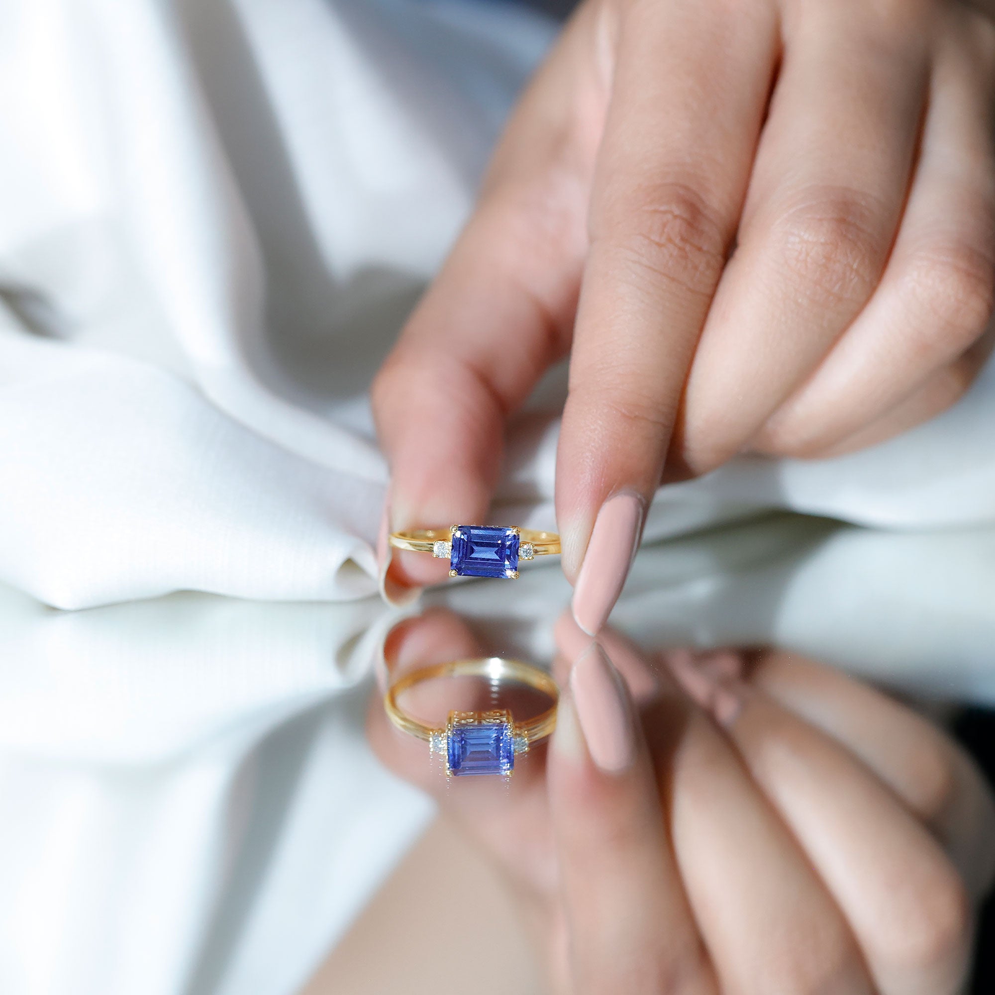 Octagon Cut Created Blue Sapphire East West Engagement Ring with Diamond AAAA - Rosec Jewels