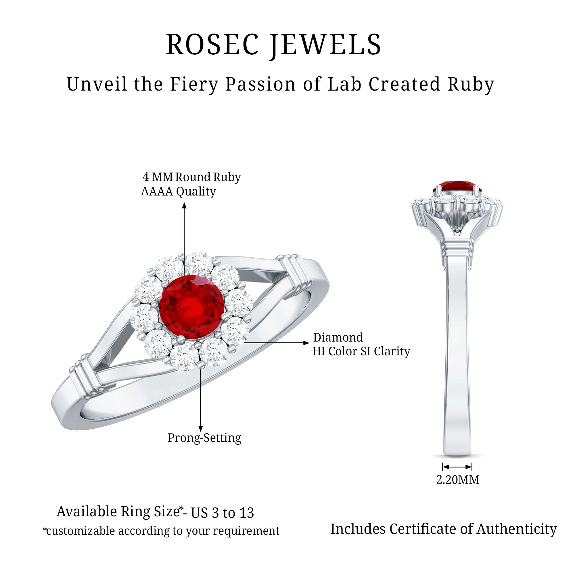 Lab Grown Ruby and Diamond Split Shank Engagement Ring AAAA - Rosec Jewels