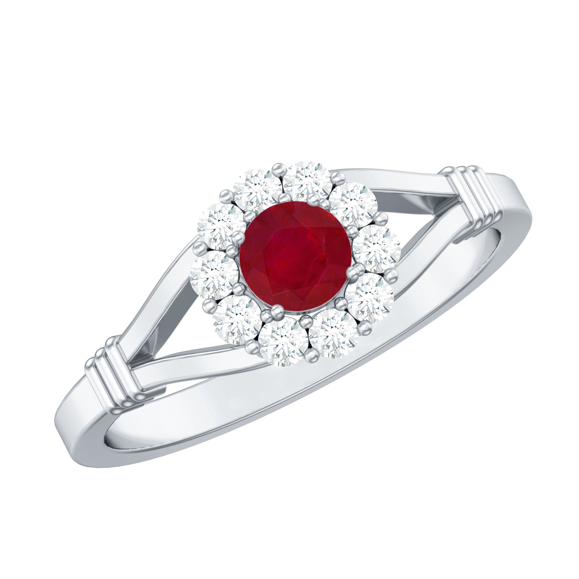 Split Shank Ruby and Diamond Halo Engagement Ring