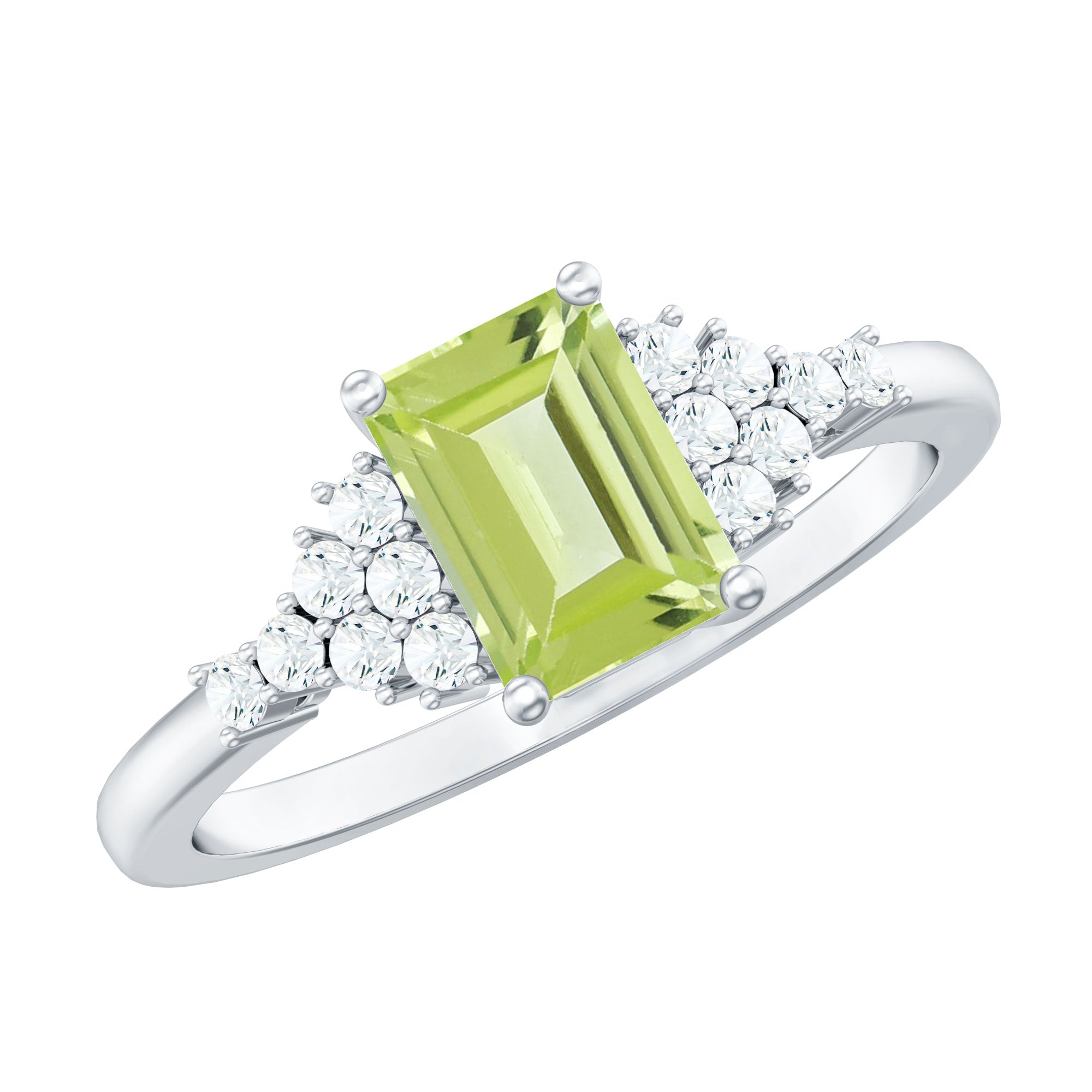 Emerald Cut Peridot and Diamond Solitaire Engagement Ring