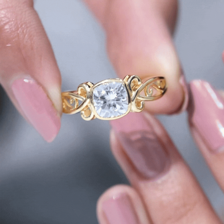 Vintage Style Cushion Moissanite Solitaire Ring in Bezel Setting D-VS1 - Rosec Jewels