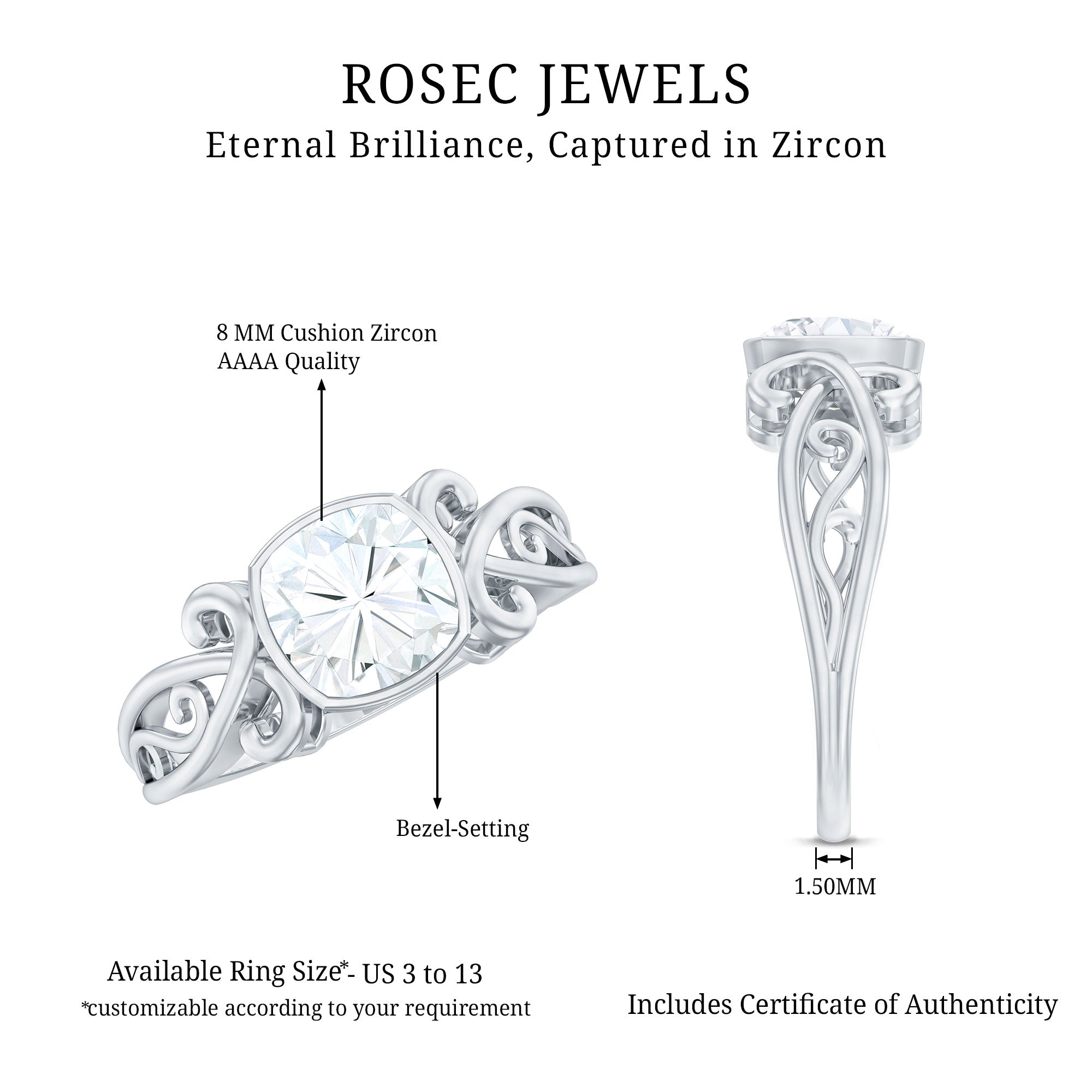 Cushion Cut Cubic Zirconia Vintage Inspired Solitaire Ring in Bezel Setting AAAA - Rosec Jewels