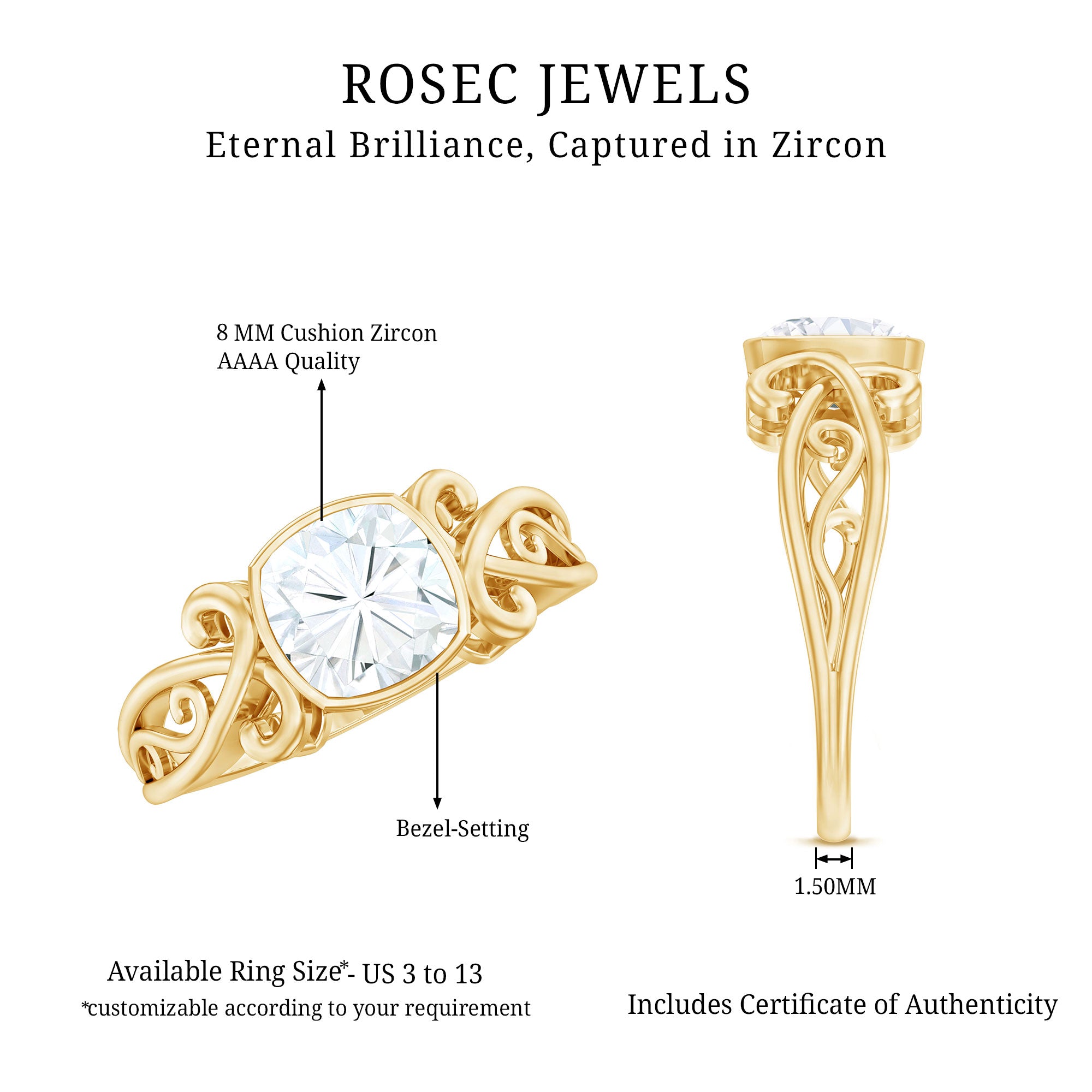 Cushion Cut Cubic Zirconia Vintage Inspired Solitaire Ring in Bezel Setting AAAA - Rosec Jewels