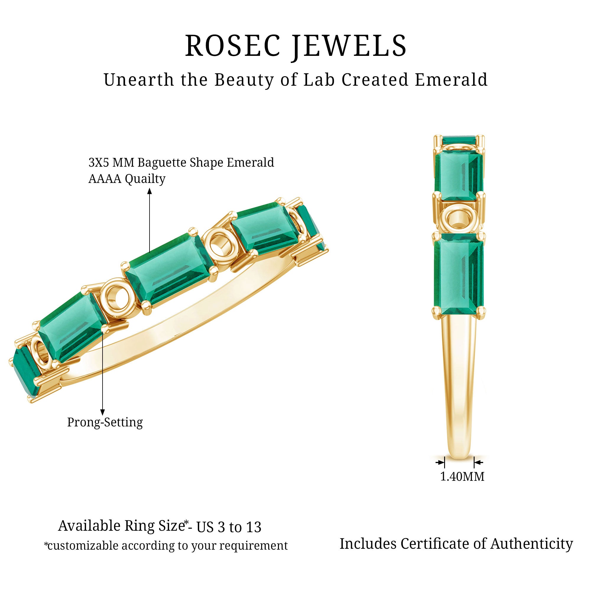 Baguette Cut Lab Grown Emerald Eternity Wedding Band AAAA 14K Yellow Gold Plated Silver - Rosec Jewels