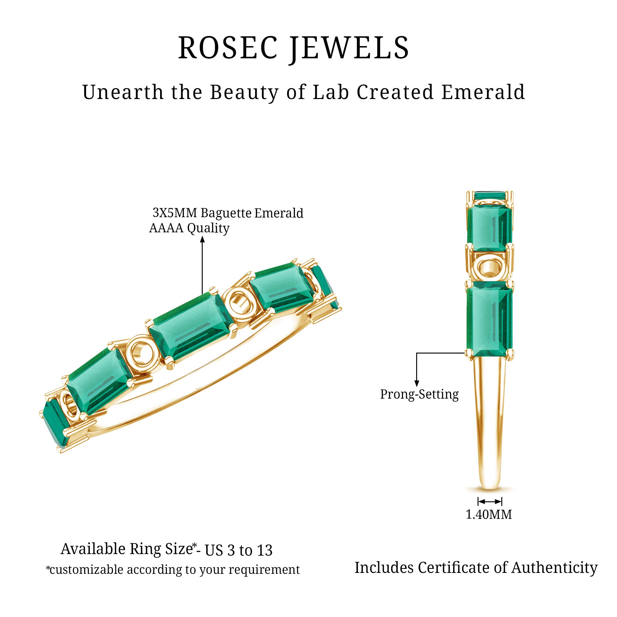 Baguette Cut Lab Grown Emerald Eternity Wedding Band AAAA 14K Yellow Gold Plated Silver - Rosec Jewels