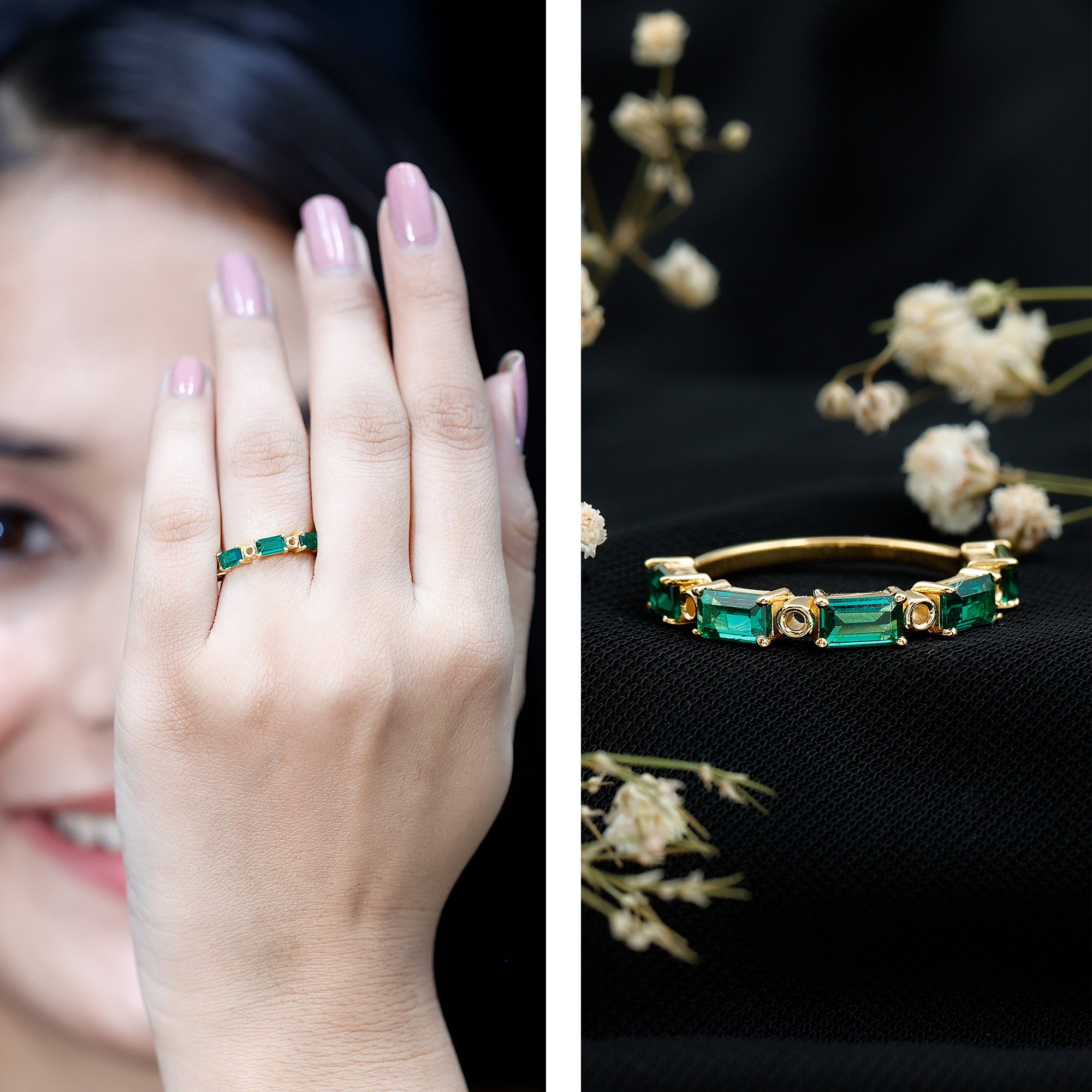 Baguette Cut Lab Grown Emerald Eternity Wedding Band AAAA 14K Yellow Gold Plated Silver - Rosec Jewels