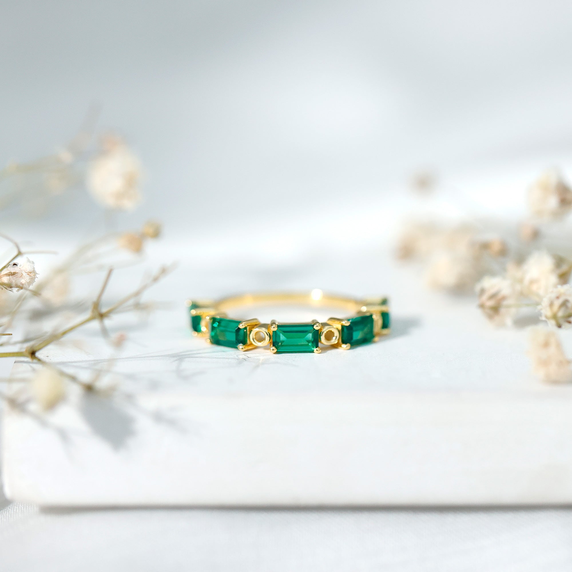 Baguette Cut Lab Grown Emerald Eternity Wedding Band AAAA 14K Yellow Gold Plated Silver - Rosec Jewels