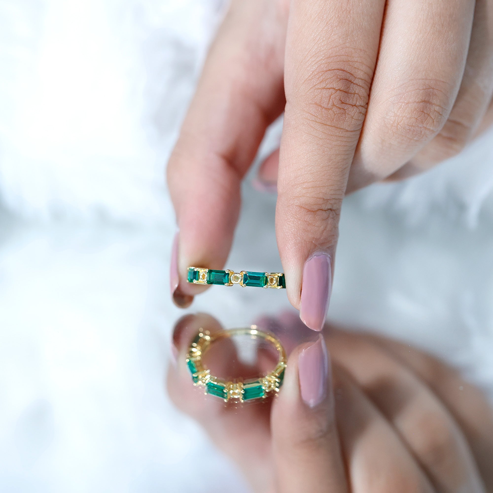 Baguette Cut Lab Grown Emerald Eternity Wedding Band AAAA 14K Yellow Gold Plated Silver - Rosec Jewels