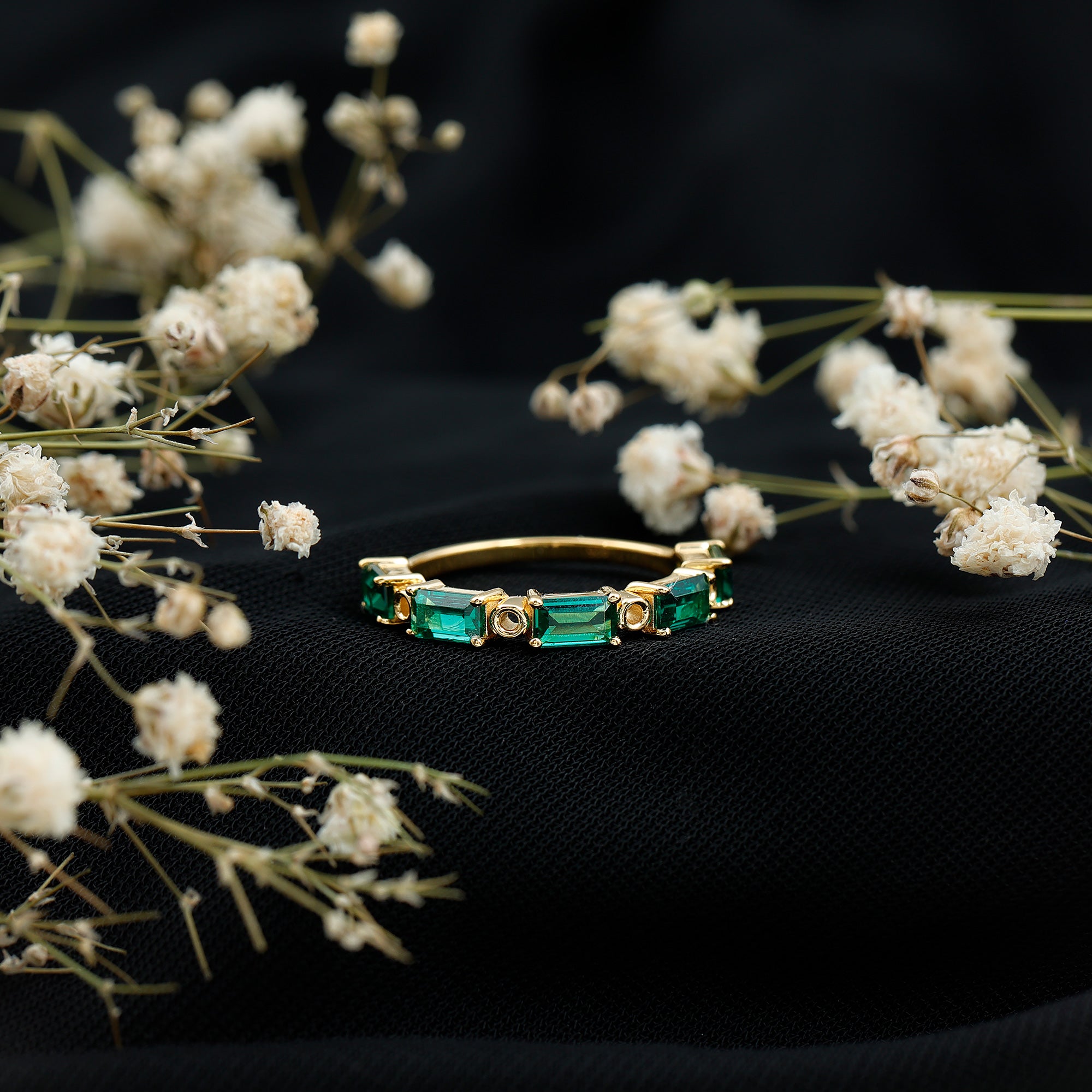Baguette Cut Lab Grown Emerald Eternity Wedding Band AAAA 14K Yellow Gold Plated Silver - Rosec Jewels
