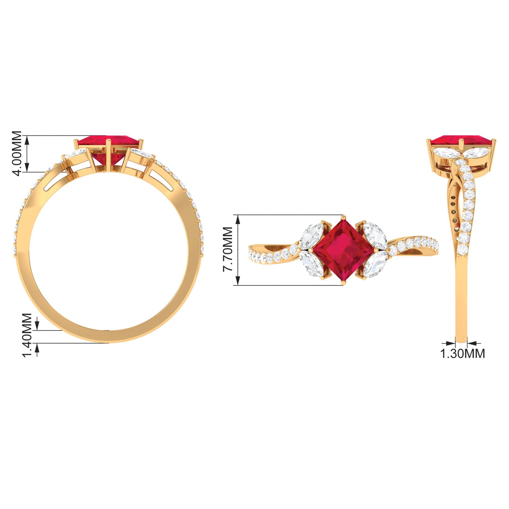 Princess Cut Lab Grown Ruby Solitaire Ring with Diamond AAAA - Rosec Jewels