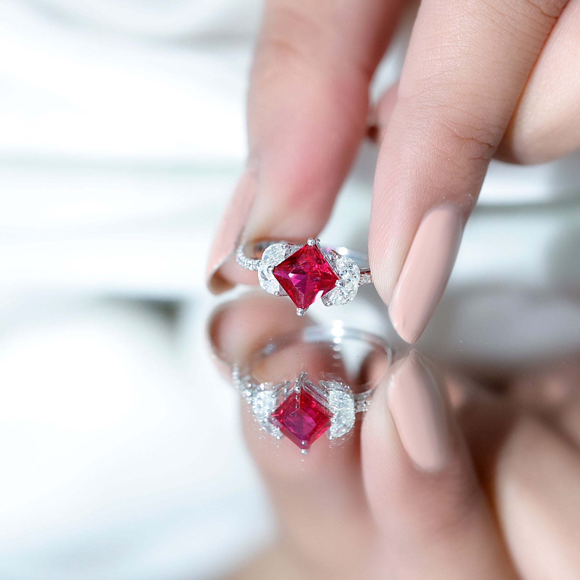 Princess Cut Lab Grown Ruby Solitaire Ring with Diamond AAAA - Rosec Jewels