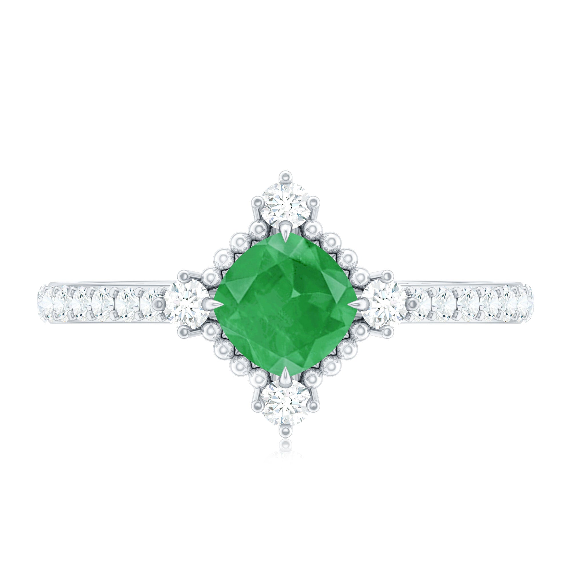 Antique Looking Real Emerald Cushion Cut Engagement Ring with Diamond AAA - Rosec Jewels