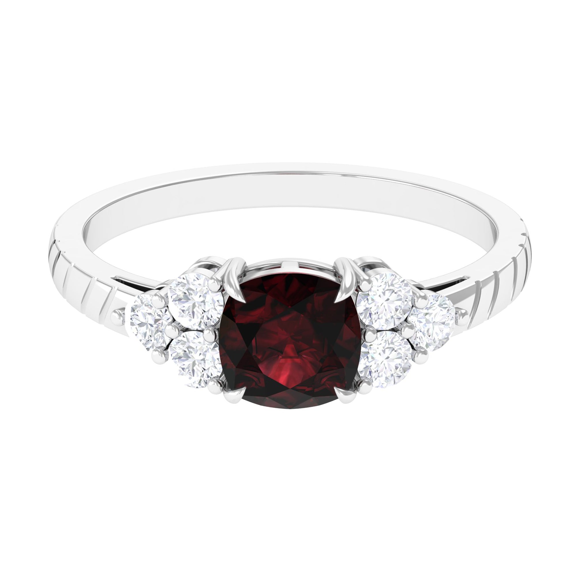 Cushion Cut Garnet Solitaire Engagement Ring with Diamond Trio