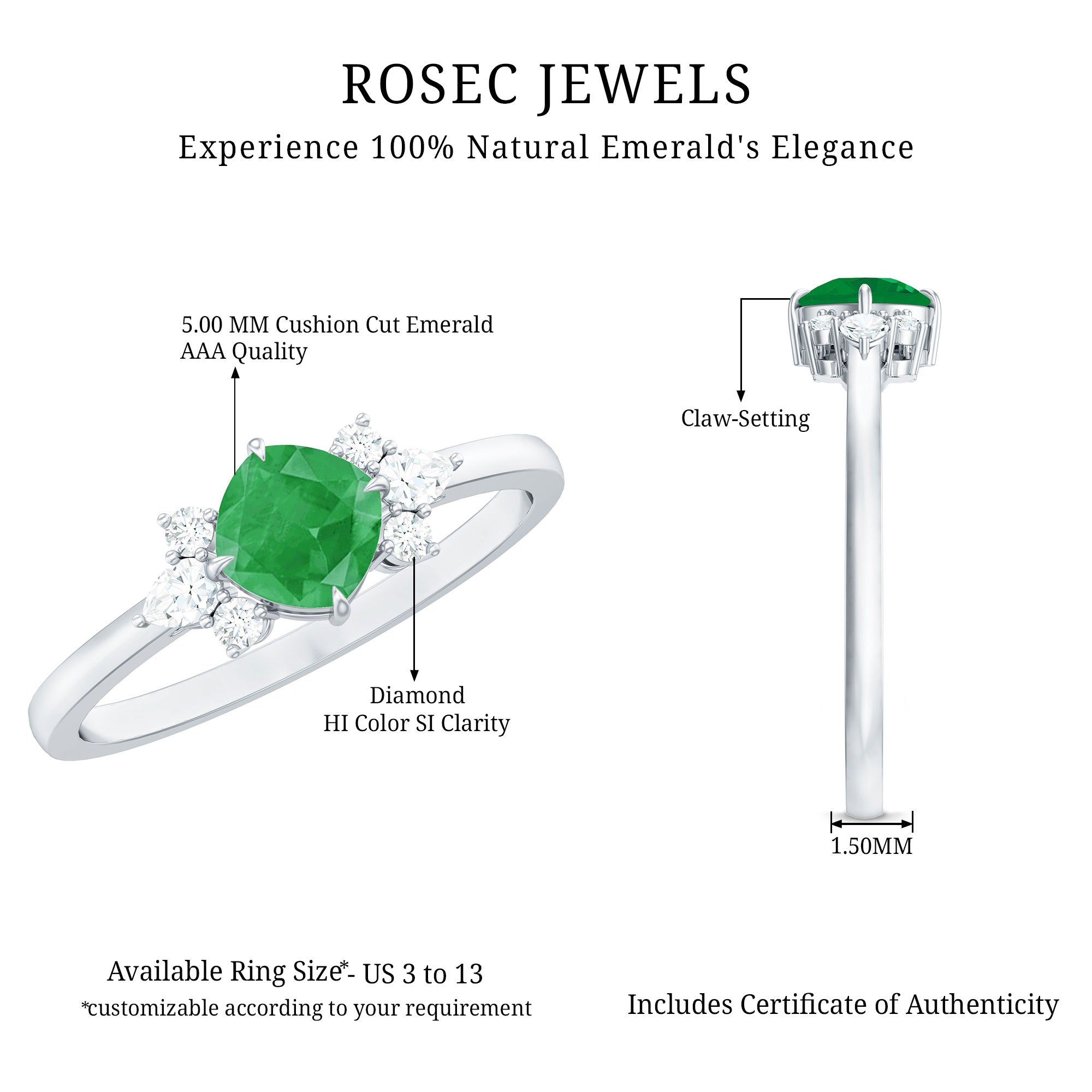 Certified Real Cushion Cut Emerald Engagement Ring with Diamond Trio AAA - Rosec Jewels