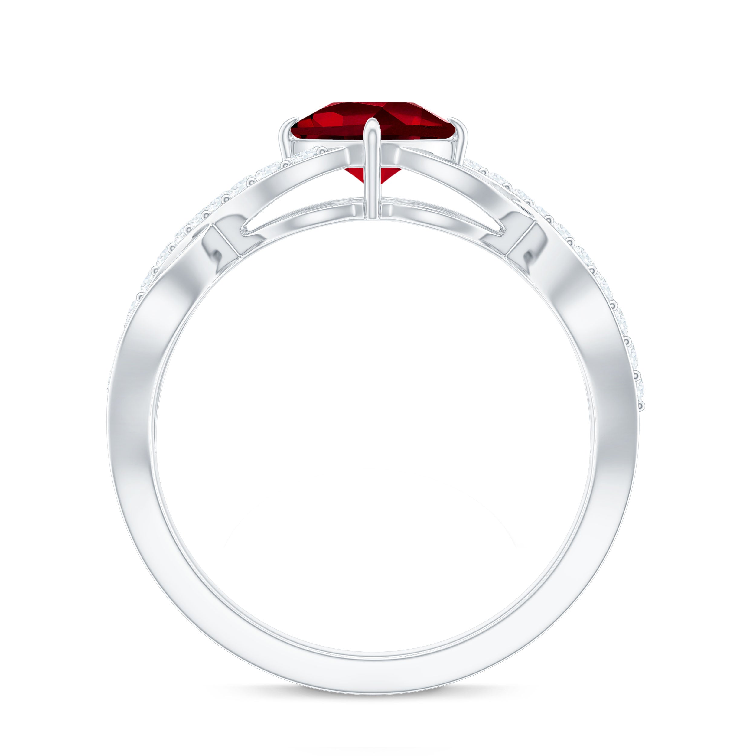 Rosec Jewels-Cushion Cut Lab Grown Ruby and Diamond Crossover Engagement Ring