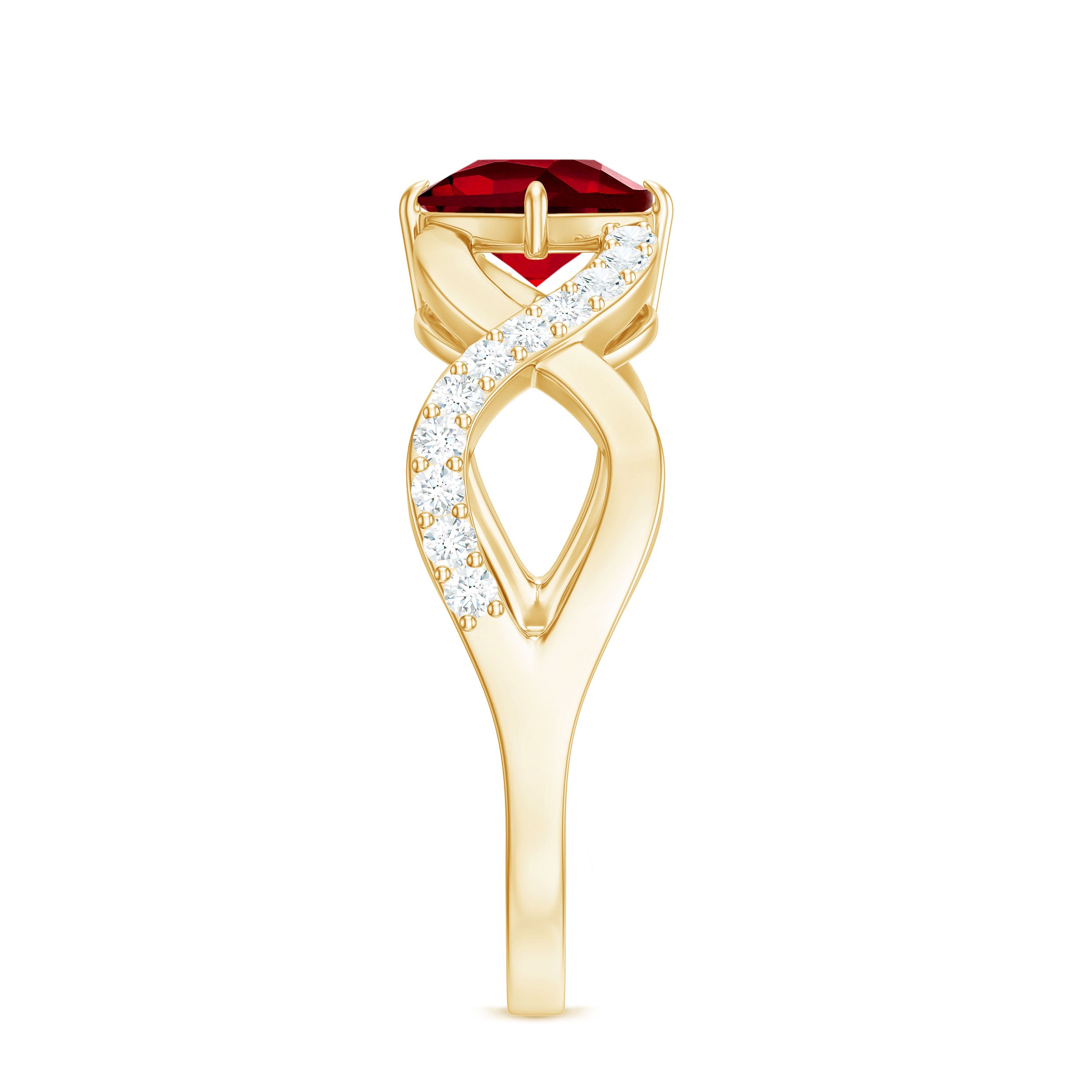 Rosec Jewels-Cushion Cut Lab Grown Ruby and Diamond Crossover Engagement Ring