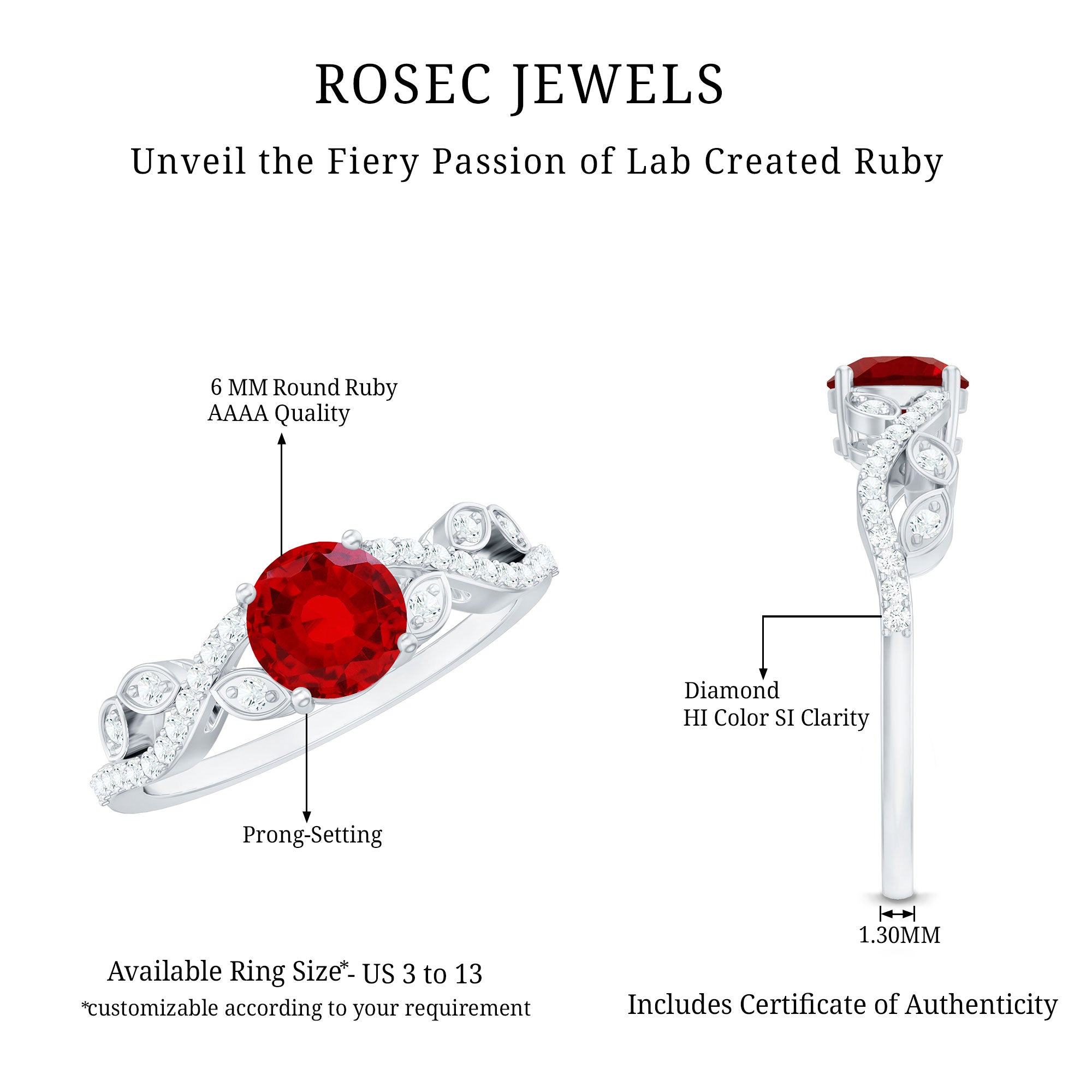 Rosec Jewels-Nature Inspired Lab Created Ruby Engagement Ring with Diamonds
