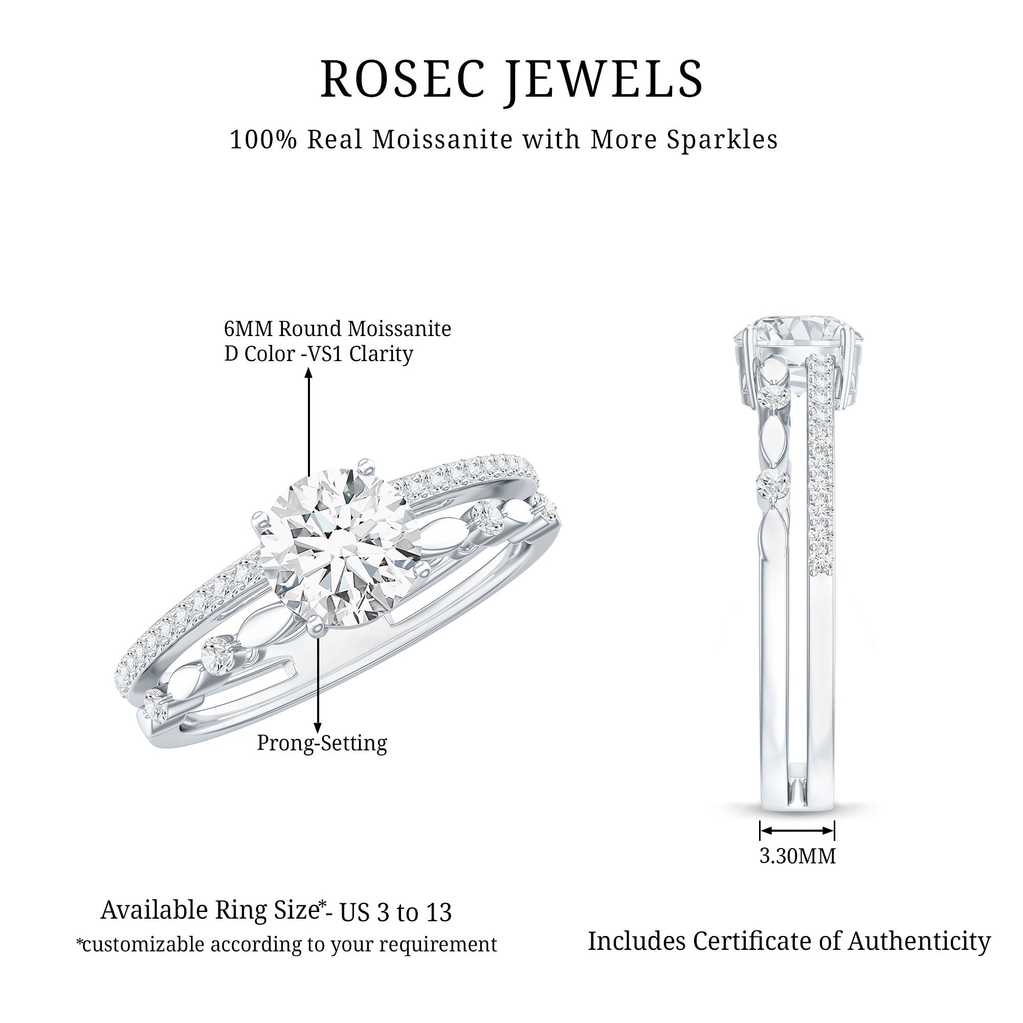 Certified Round Shape Moissanite Designer Engagement Ring D-VS1 - Rosec Jewels